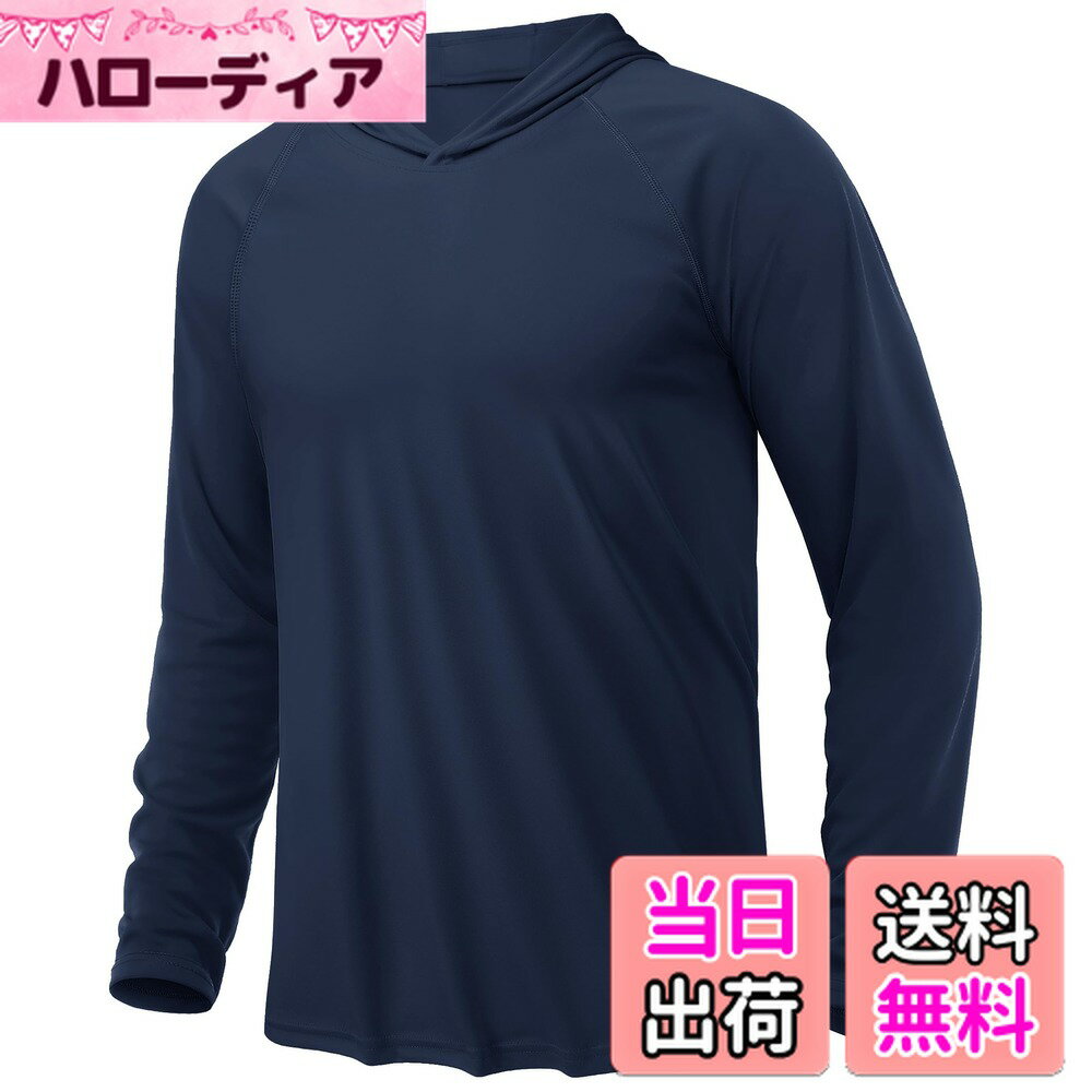 【送料無料】[KEFITEVD] 長袖tシャツ メンズ スポーツ uvカット パーカー 薄手 速乾 ラッシュガード 大きいサイズ 水着 体型カバー スポーツウェア 紫外線対策 釣り トレーニングウェア 春 ストレッチ ネイビー L