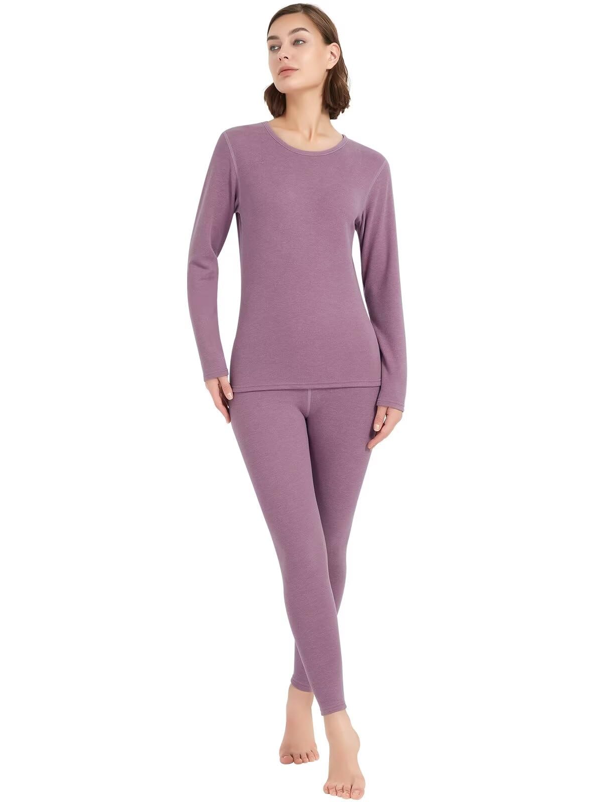 【送料無料】[Sillictor] 防寒インナー レディース 上下セット 裏起毛 ヒートテック 丸首 あったかインナー 上下 アンダーシャツ + ロングタイツ 保温 インナーウェア 【ウールとシルク入り】 冬用 YLW02-pu-XL（日本サイズM）
