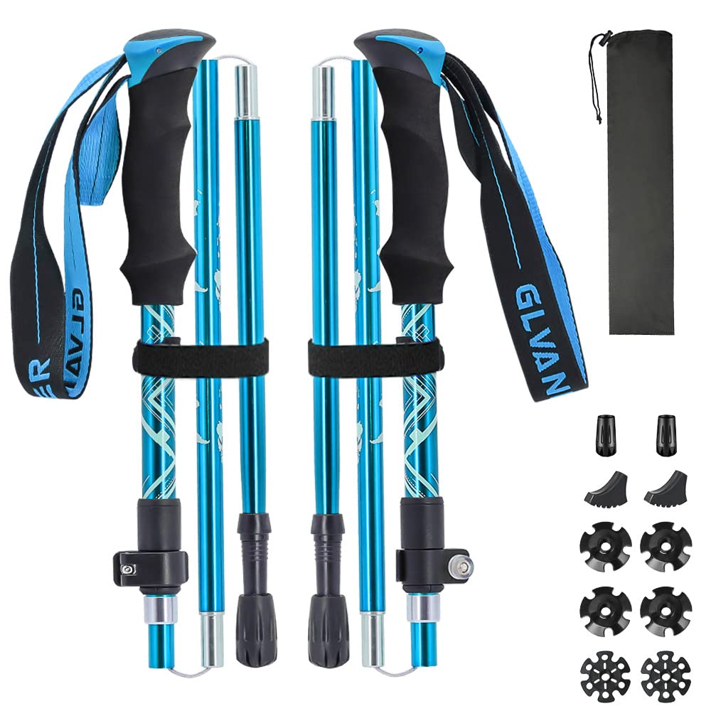 【送料無料】Glvaner トレッキングポール 2本セット 折りたたみ式 トレッキングステッキ クライミング 軽量A7075アルミ製 約278g 5段伸縮式 ストック ウォーキングポール コンパクト 収納袋と付属品付き 男女兼用 最小32cmまで小さく伸縮 お花見 アウトドア (ブルー)