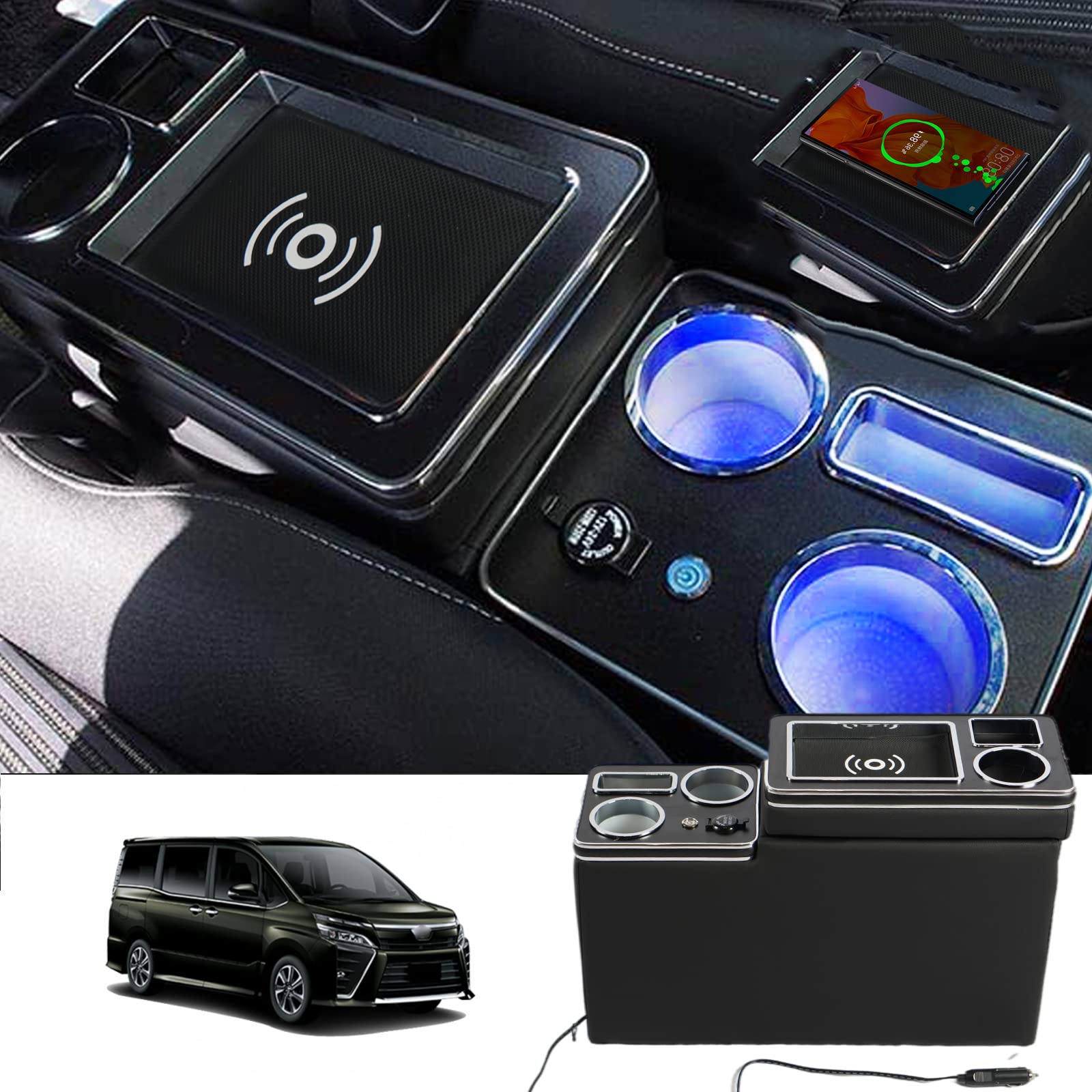 【送料無料】VEHSUN 【ワイヤレス充電】コンソールボックス VOXY 車 アームレスト トヨタ ヴォクシー ステップワゴン適用 ノア エスティマ ウィッシュ適用 スマートコンソール エスクァイア適用 NOAH 適用 LED付き USBポート 収納便利 汎用