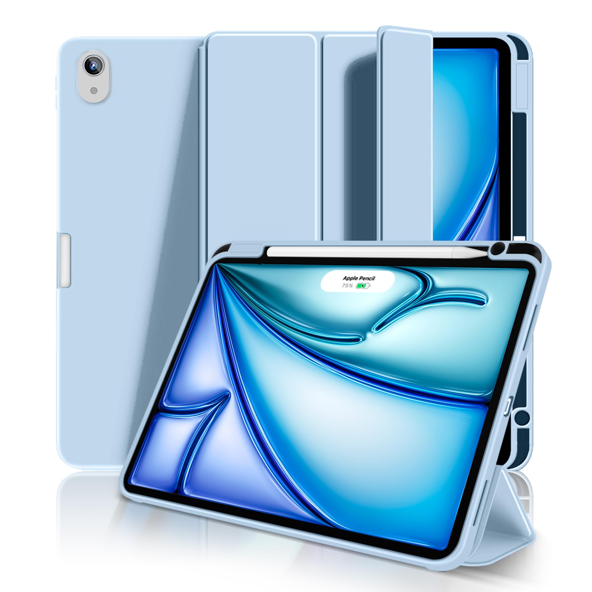 【送料無料】Aoub iPad Air 11 インチ ケース M3/M2 2025/2024 iPad Air 第5/4世代 カバー 2022/2020年 10.9インチ Pencil Proペン収納 Apple Pencil2 ワイヤレス充電対応 オートスリープ/ウェイク機能対応 ソフト TPU 薄型 軽量 耐衝撃 三つ折りスタンド(空色)