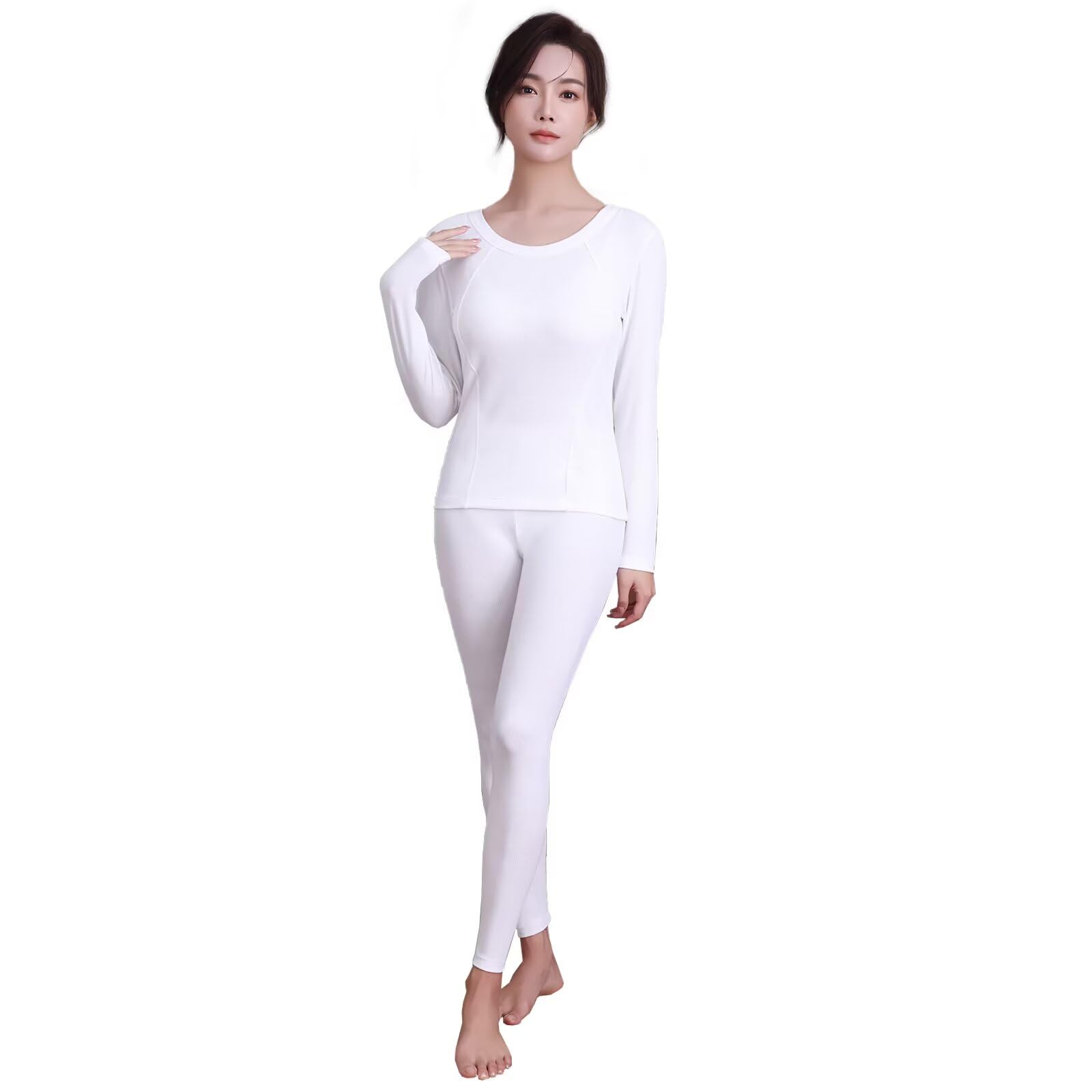 【送料無料】[Sillictor] あったかインナー 上下セット レディース クルーネック 防寒インナー 大きいサイズ ヒートテック 長袖 アンダーシャツ ロングタイツ 保温インナー 秋冬春 1485+1497wh-M(日本サイズS