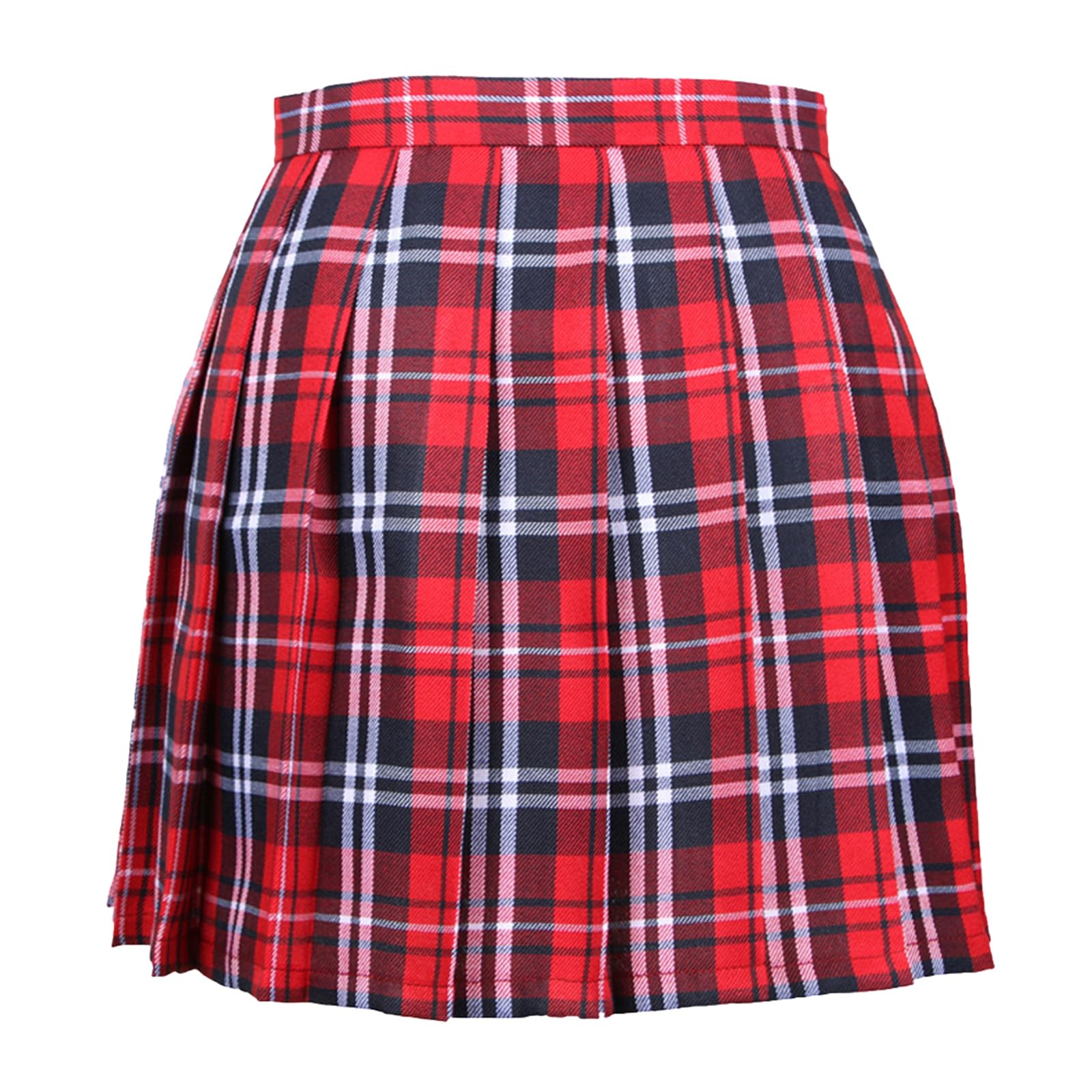 【送料無料】[Blostirno] プリーツスカート チェック柄 ミニ スクールスカート ハイウェスト ひざ丈 制服 女子高校生 赤＋黒（JP0061R1-L）