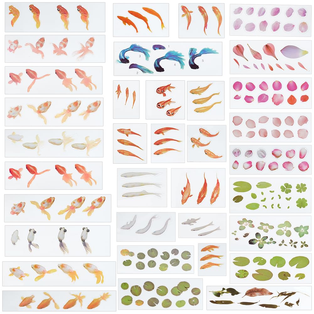 【送料無料】OLYCRAFT 35枚 ステッカー 金魚 レジン封入用 シート デコ素材 花 浮き草 植物 透明シート..