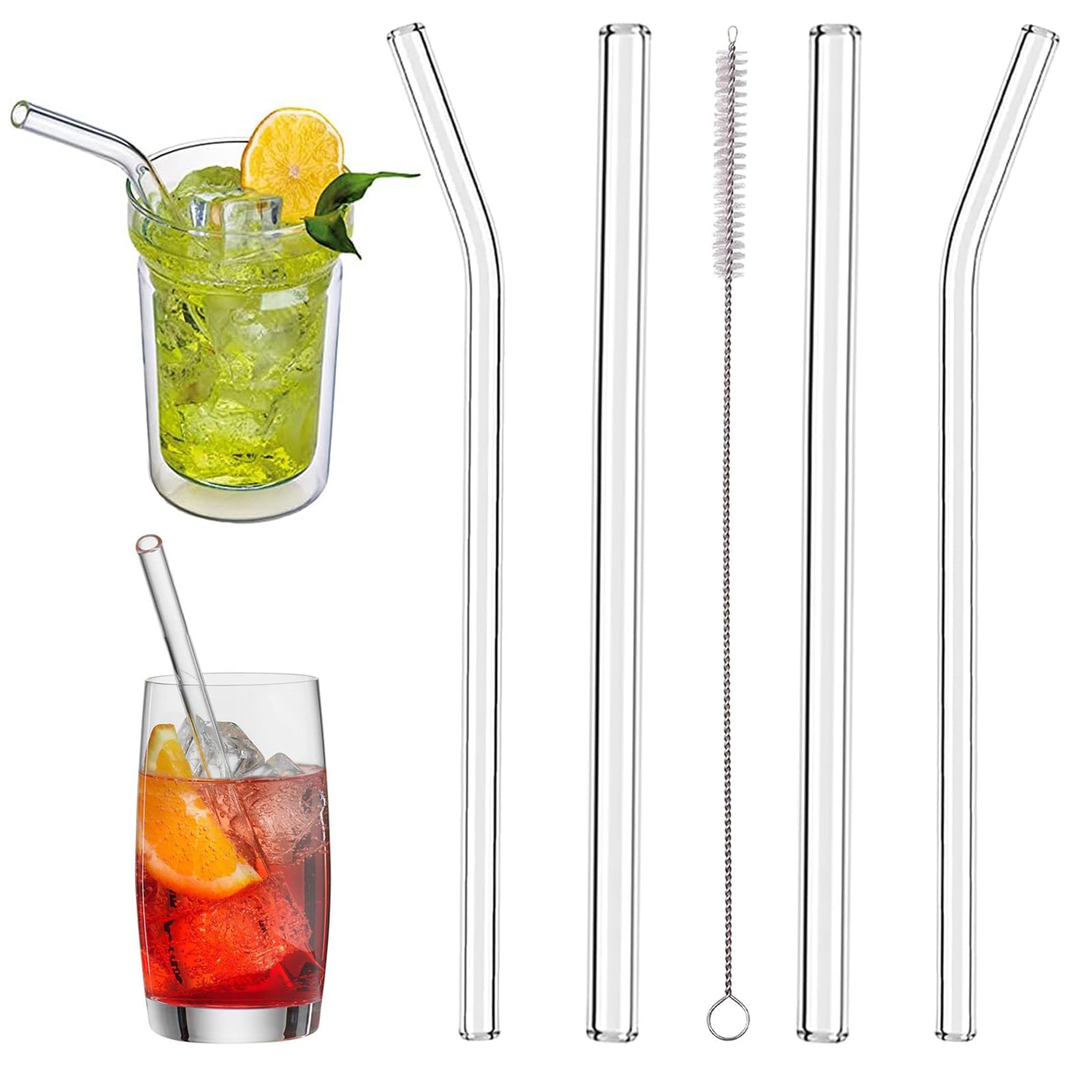 【送料無料】Phyxiul ガラスストロー4本セット 飲みストロー 凍結発泡茶飲料用 耐熱 安全無毒 再利用可能 洗浄ブラシ付き (4点セット)