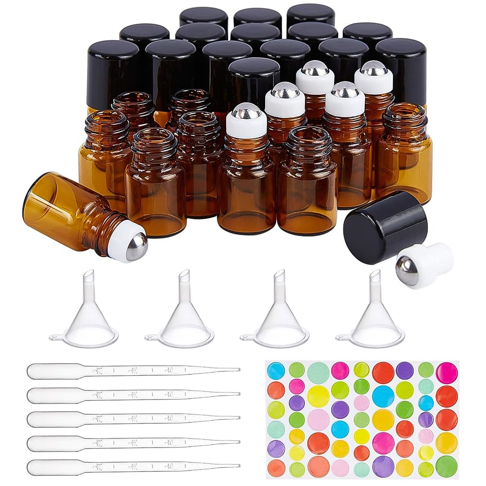 【送料無料】BENECREAT 30個2ml ロールオンボトル ガラス製 黒いブラスチック蓋 遮光 香水 精油 リップグロス ドロッパー漏斗栓抜きラベルステッカー付き ミニボトル 化粧水 小分けボトル 詰め替え容器