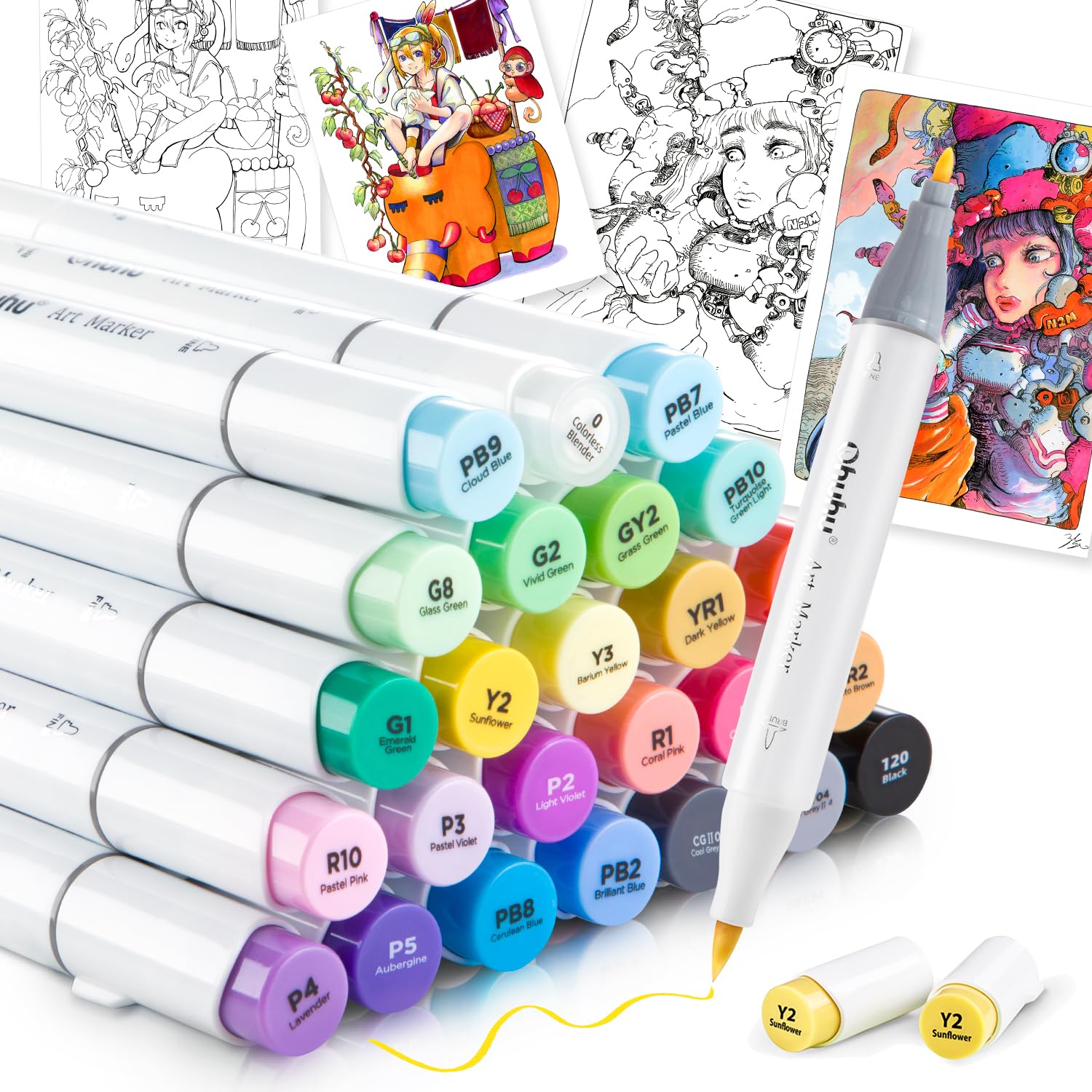 【送料無料】Ohuhu マーカーペン 筆タイプ 24色25本 プロ愛用 イラスト イラストマーカー 筆・細字 ブレンダーペン Honolulu Bシリーズ