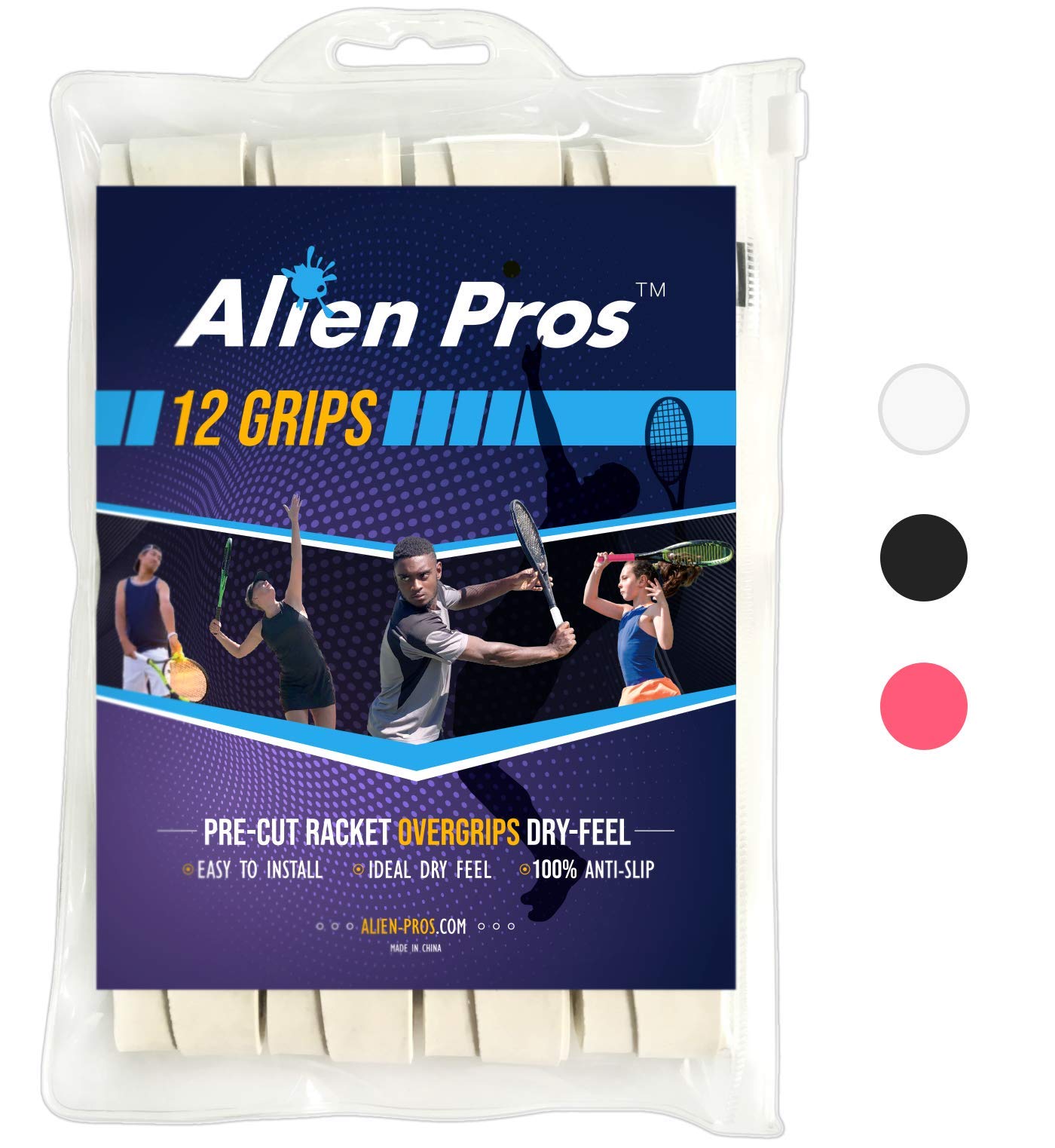 【送料無料】Alien Pros テニスラケットグリップテープ（12グリップ）− プレカット、ドライタイプのテニスグリップ − テニスオーバーグリップテープ、テニスラケット − ラケットに巻いて、高性能にしましょう（12グリップ,ホワイト）