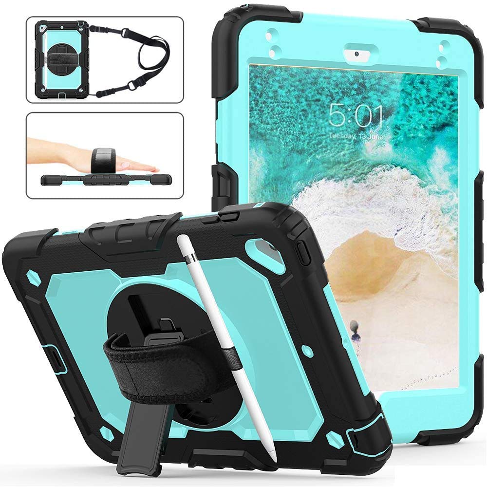 【送料無料】Herize iPad 第6世代/5世代/pro 9.7/Air2 ケース 耐衝撃 頑丈三層鎧 落とす保護 ケース 保護フィルム付き 「360°回転スタンド」 「360°回転握り方」 「調節可能」 「ペン収納」柔らかい 丈夫 ハンドストラップ 防塵 実用 多機能 子供 iPad 6世代/5世代/Ai