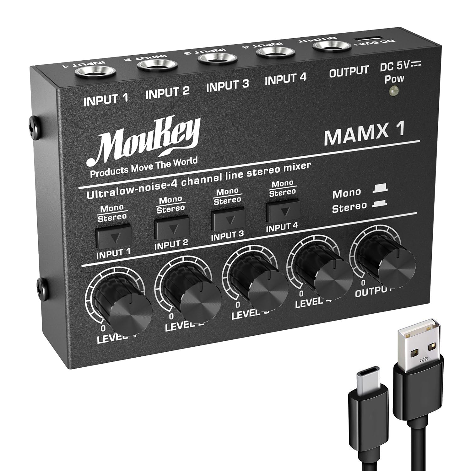 【送料無料】Moukey オーディオミキサー 4チャンネル usb DC 5V超低ノイズ サブミキシング用 ラインミ..