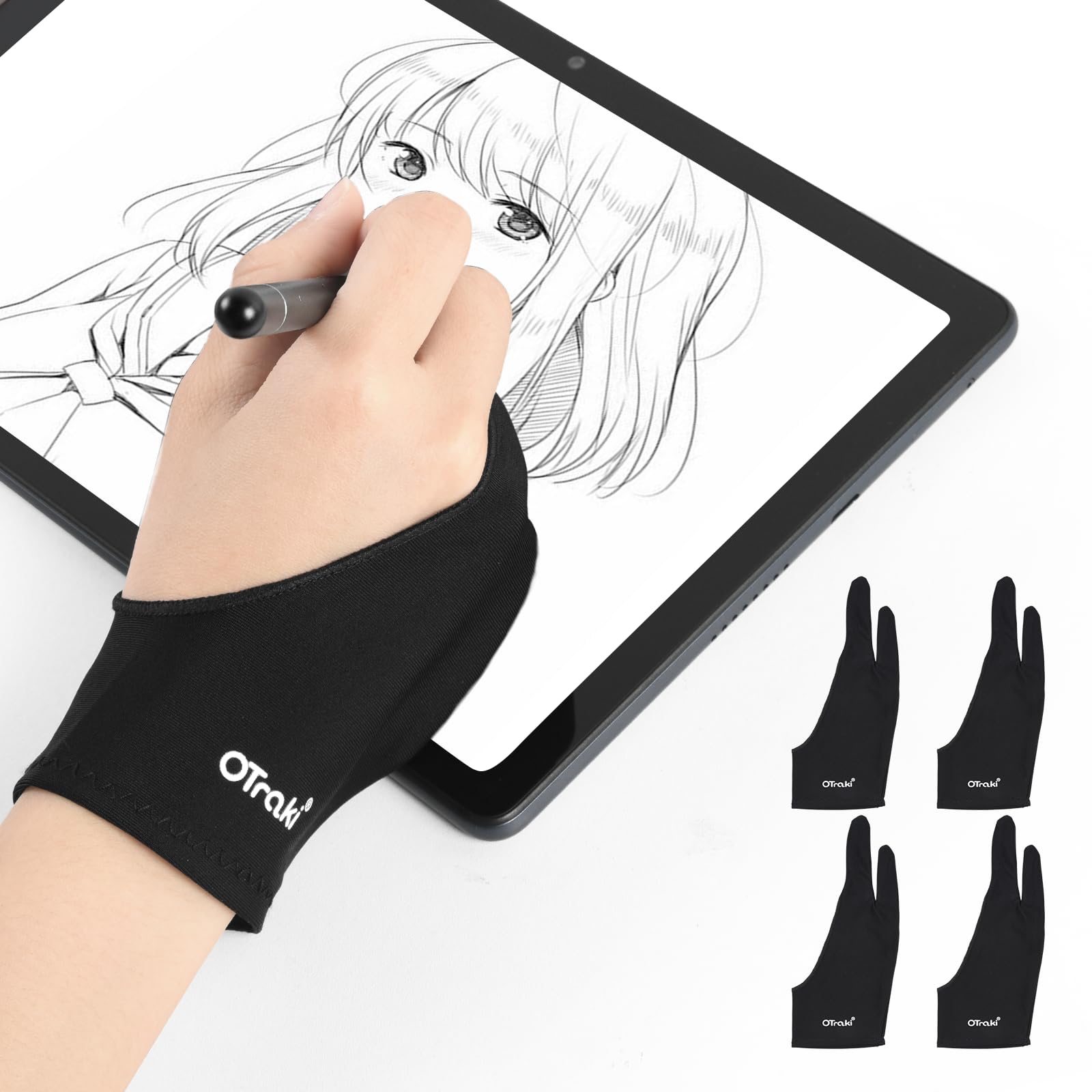 【送料無料】[OTraki] 二本指グローブ 4枚入 7×18.3CM 子供向け Sサイズ 防汚 通気性 超軽量 快適 ライカ繊維 グローブ Paint gloves お絵描き手袋 液晶ペン タブレット用 二本指手袋 左利き 右利き 通用 黒