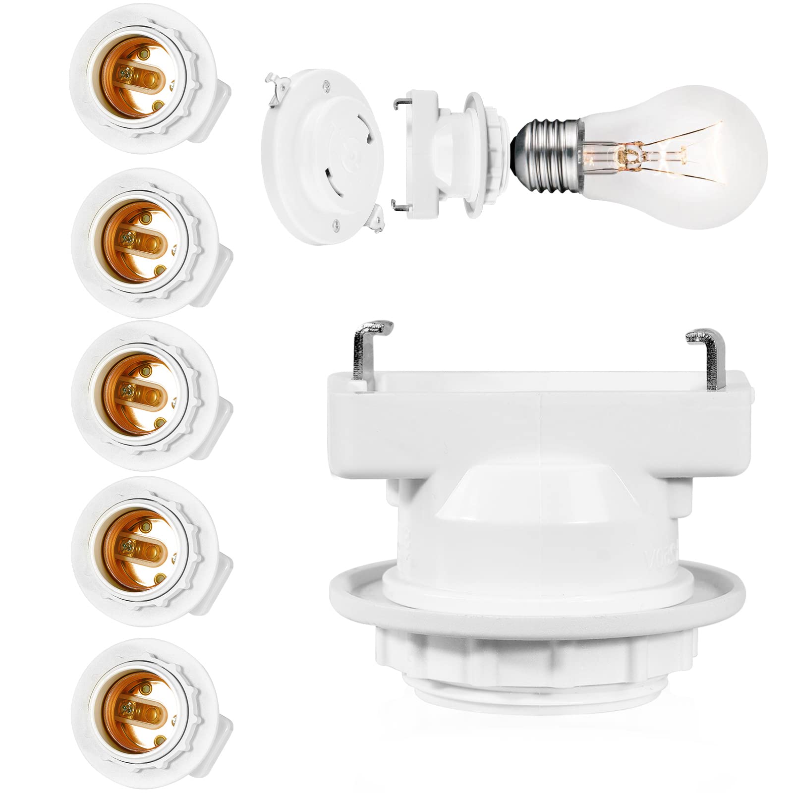 【送料無料】Pispoer|口金変換アダプタ|角型引掛ランプソケット|E26口金対応|角型引掛シーリン|電球ソケット|工事不要 取り付け簡単|PSE認証|白い|6個セット|