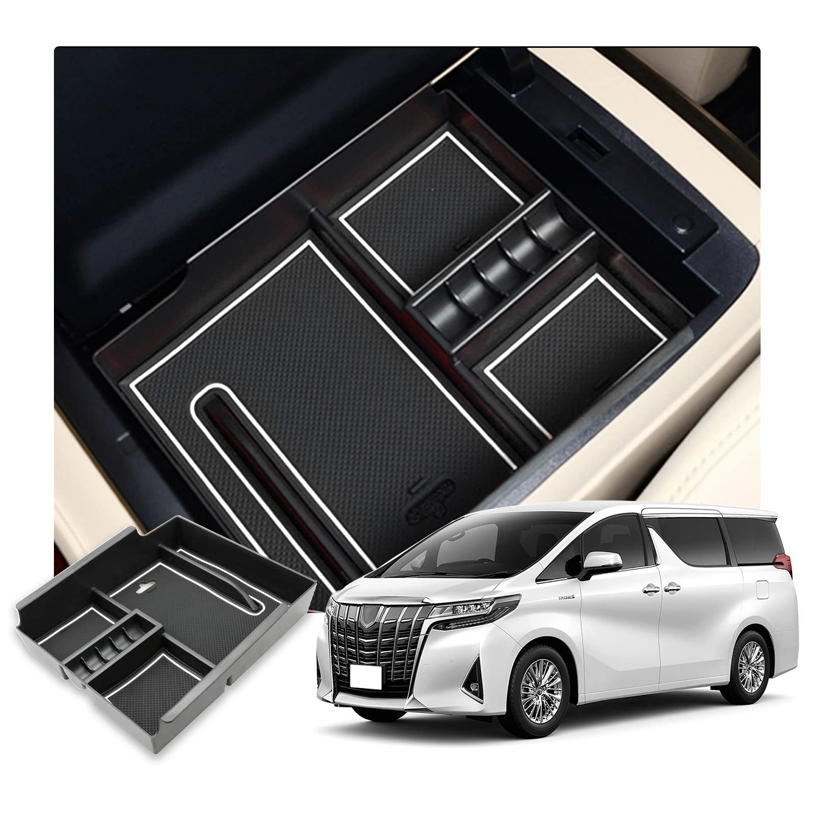 【送料無料】【RUIYA】トヨタ アルファード30系後期 コンソールボックス アルファード 30系コンソールトレイ USB穴付き 収納ボックス カスタム 内装パーツ 小物入れ トレイ ラバーマット付き(白)