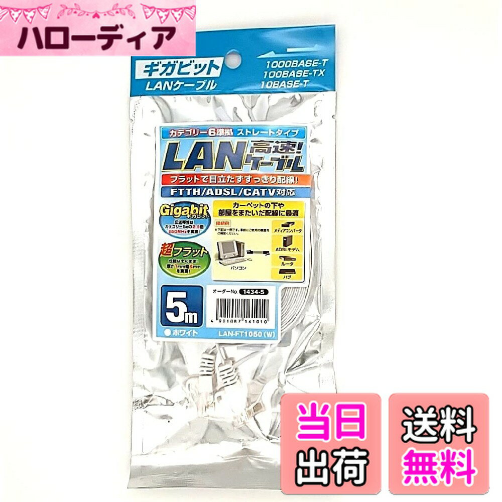 【送料無料】エルパ (ELPA) CAT6フラット LANケーブル 有線LAN 8極8芯用 5m ホワイト LAN-FT1050(W)