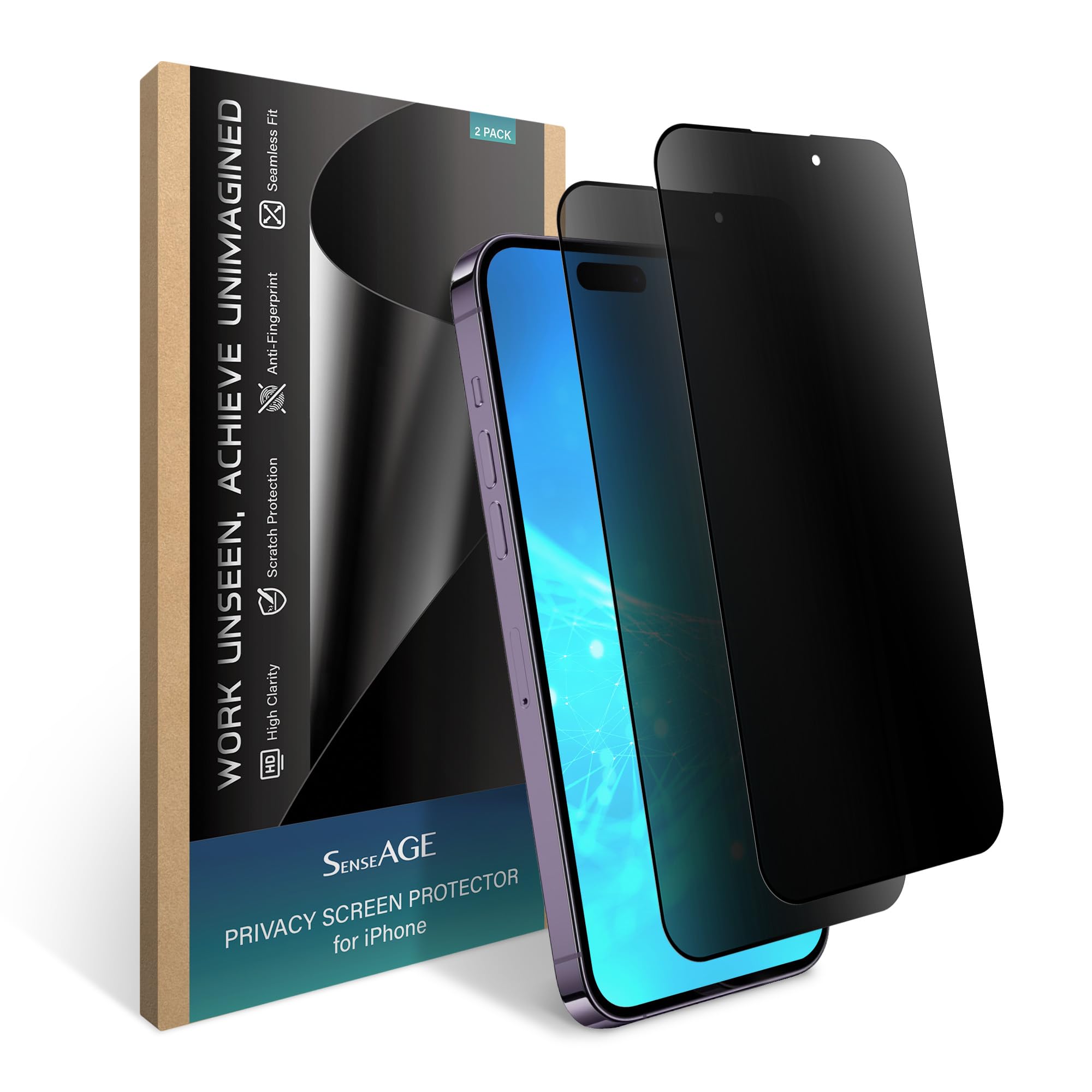 【送料無料】SenseAGE iPhone 14 Pro 対応 ガラスフィルム【覗き見防止】- 6.1インチ液晶保護フィルム、個人情報のぞき見防止、ブルーライトカット機能付き、浮かない、指紋防止、気泡ない、飛散防止、スマートフォン画面保護、2枚入り