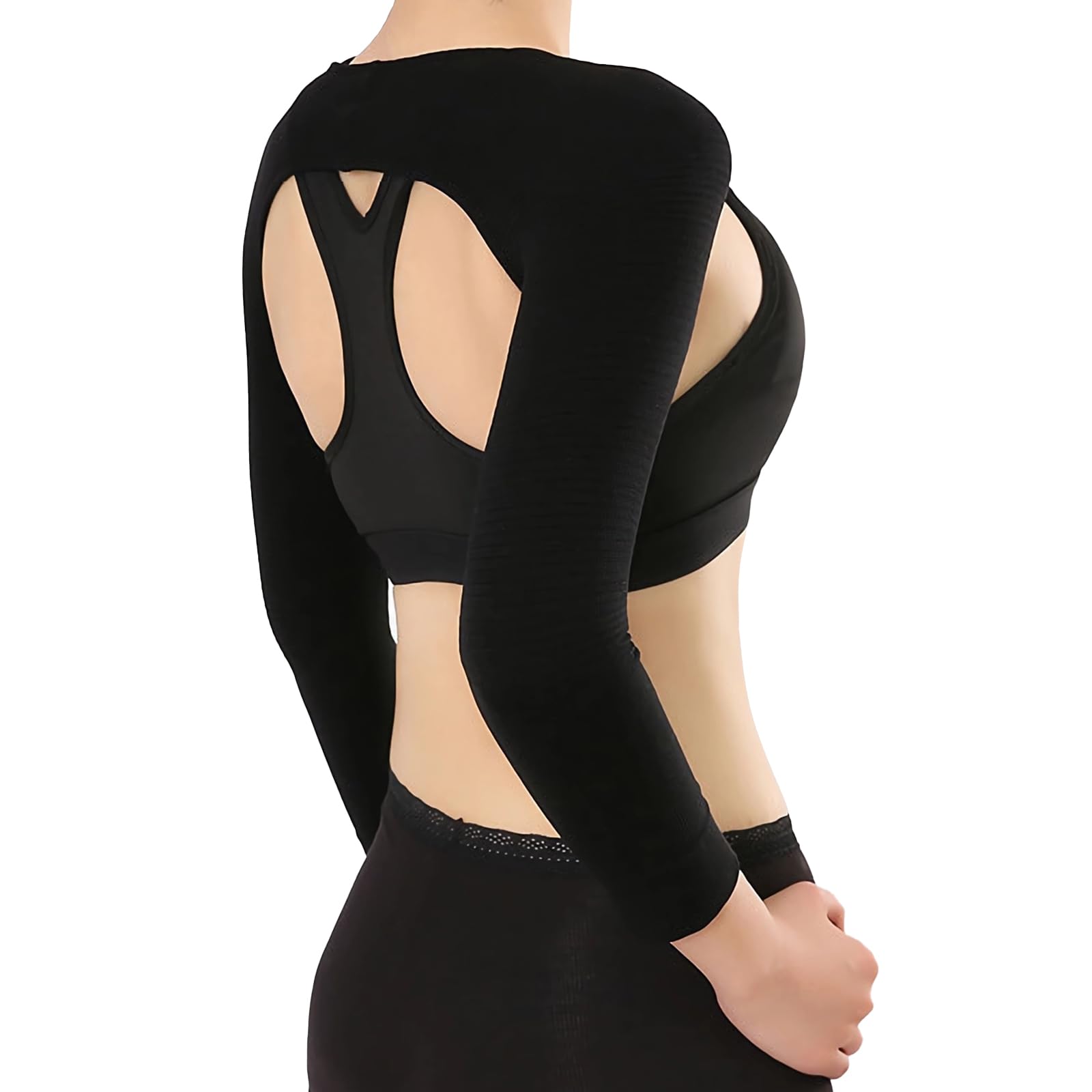 【送料無料】[BEAUTY PLAYER] 二の腕シェイパー 姿勢 引き締め 着圧 サポーター 猫背 補正下着 七分袖 ギャザリング・バスト・サポート アームラップ (ブラック, M)