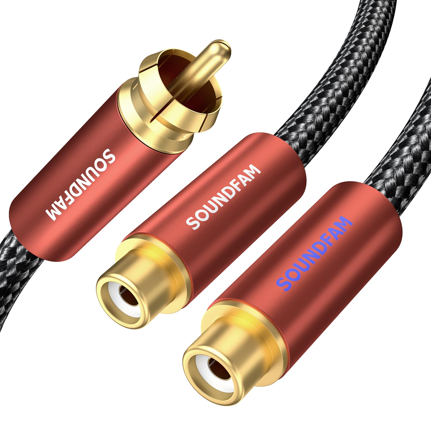 【送料無料】同軸RCAケーブル SOUNDFAM RCA分岐ケーブル1オス- 2メスRCA分配ケーブル[金メッキ端子]プレミアムサブウーファースプリッターケーブル-ワインレッド (同軸 1 オス - 2 メス, 30CM)