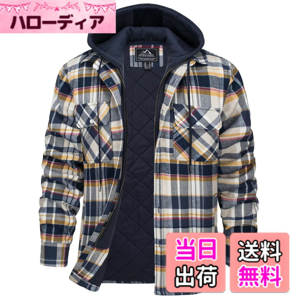 【送料無料】[KEFITEVD] ブルゾン メンズ アウター 中綿ジャケット フランネル チェックシャツ 大きいサイズ ポケット付き シャツジャケット 防風 フランスネル アウトドア ゆったり イエロー L