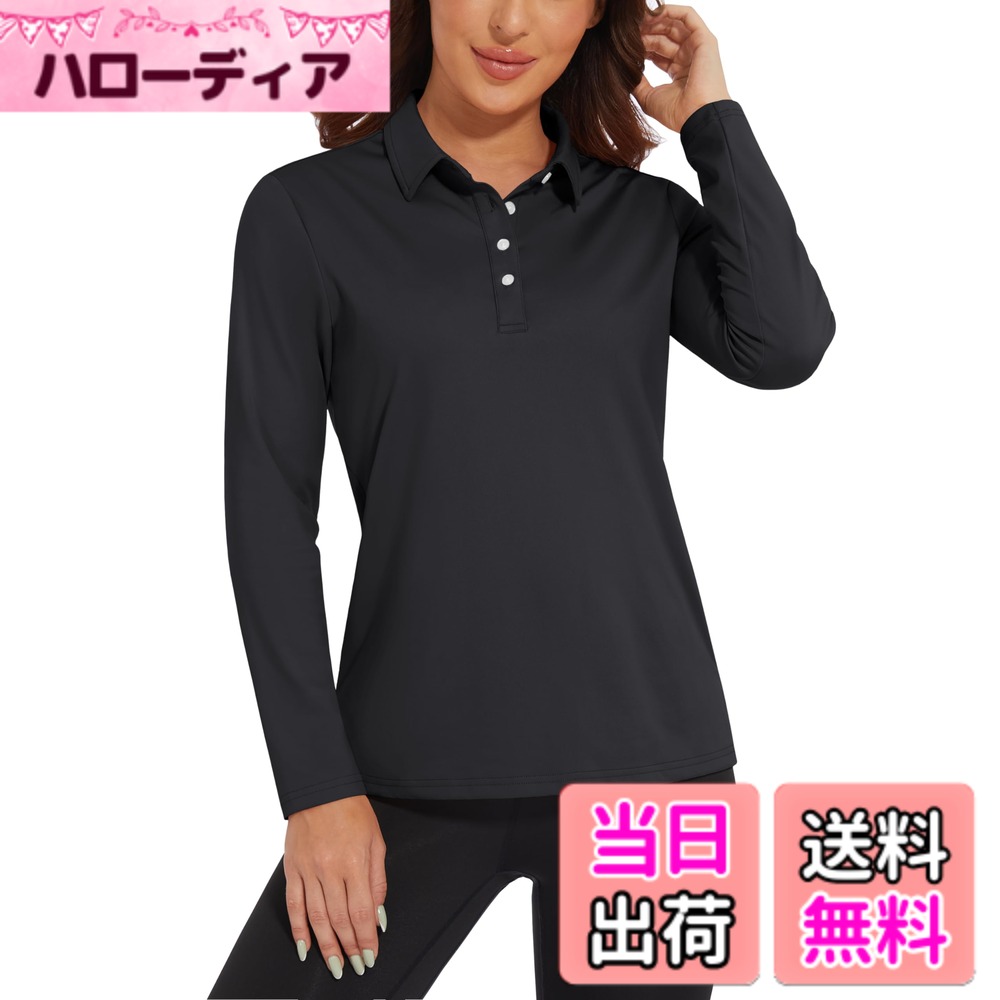 【送料無料】[KEFITEVD] 長袖 ポロシャツ レディース カットソー 襟付き 速乾 tシャツ トップス 仕事 オフィス スポーツシャツ 折り襟 テニスウェア 黒 ブラック 2XL