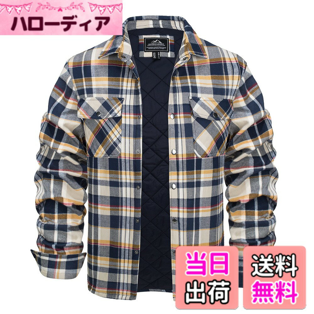 【送料無料】[KEFITEVD] チェックシャツ メンズ 長袖 防寒 ネルシャツ 厚手 ブルゾン 大きいサイズ ジャケット ゆったり マルチポケット アウター フランネル 保温 折り襟 イエロー L