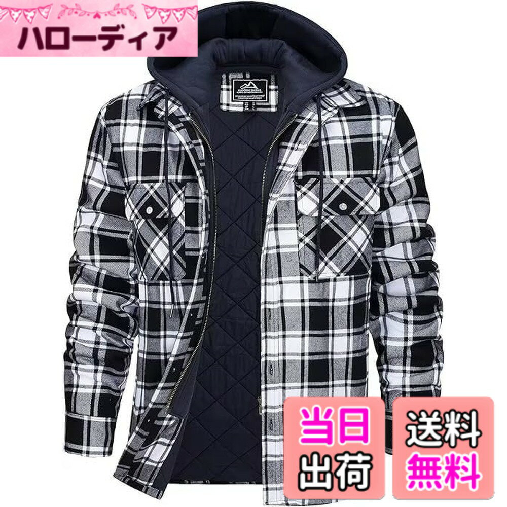 【送料無料】[KEFITEVD] ジャケット メンズ 大きいサイズ 防寒着 ライダース 防風 ポケット付き フードシャツ 長袖 チェック ゆったり バイクジャケット コート アウトドア キャンプ ブラック L