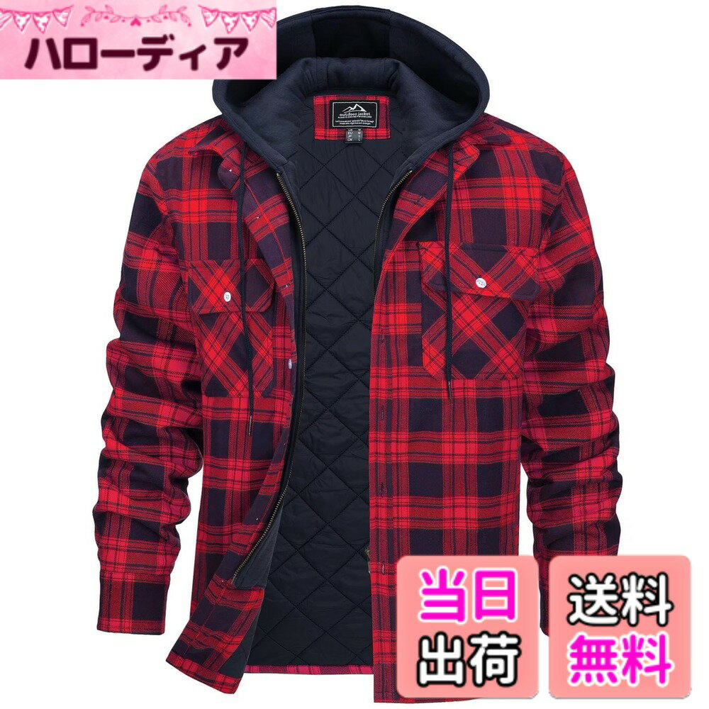 【送料無料】[KEFITEVD] ネルシャツ メンズ 厚手 ジップアップジャケット 防寒服 フード付き ジャケット 冬 アウター アメカジ パーカー チャックシャツ 長袖 ポケット付き コットン 通勤着 レッド L