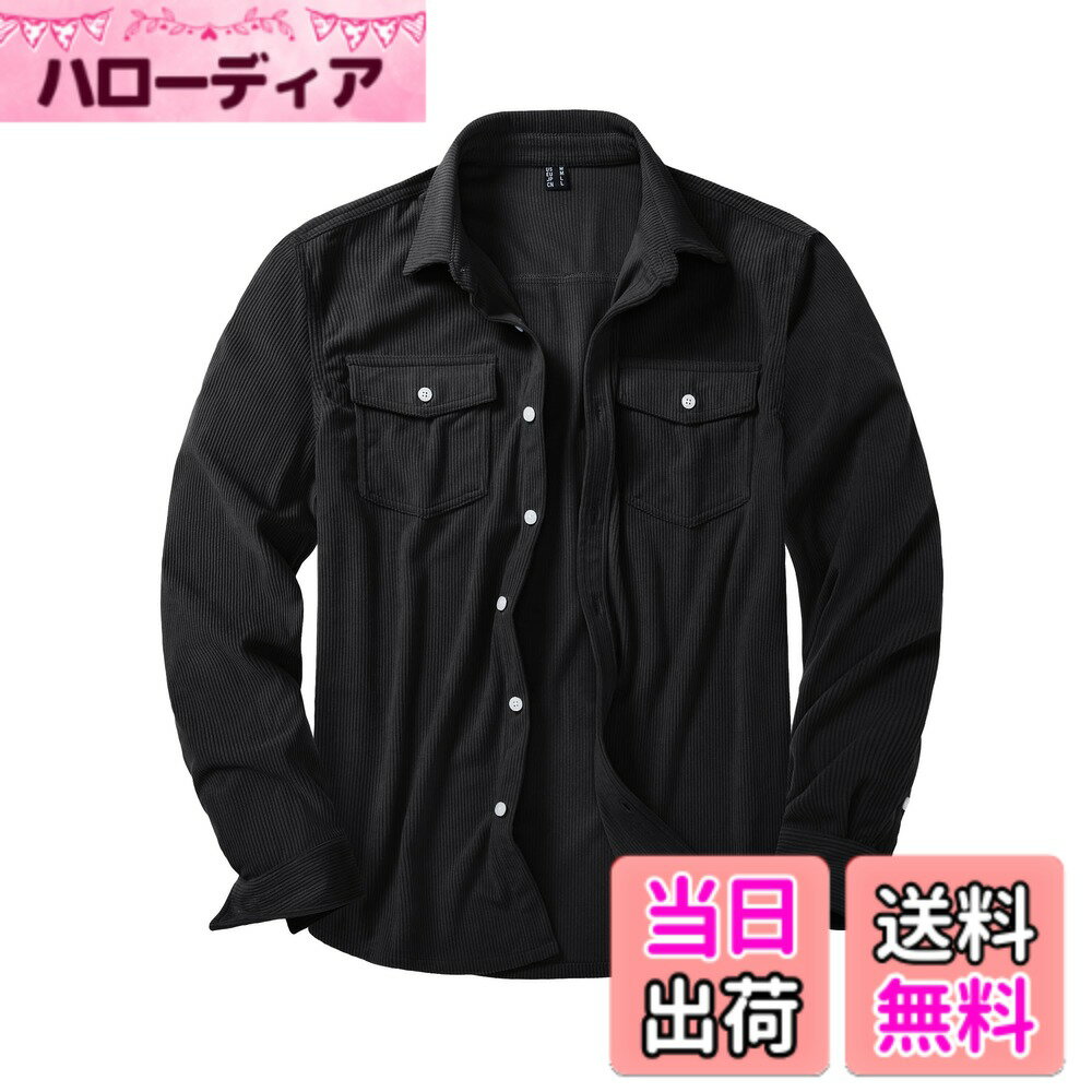 【送料無料】[KEFITEVD] シャツジャケット メンズ ゆったり ボタンダウン コーデュロイ ポリエステル シャツ 長袖 ジャケット 秋冬 カジュアル ブラック L