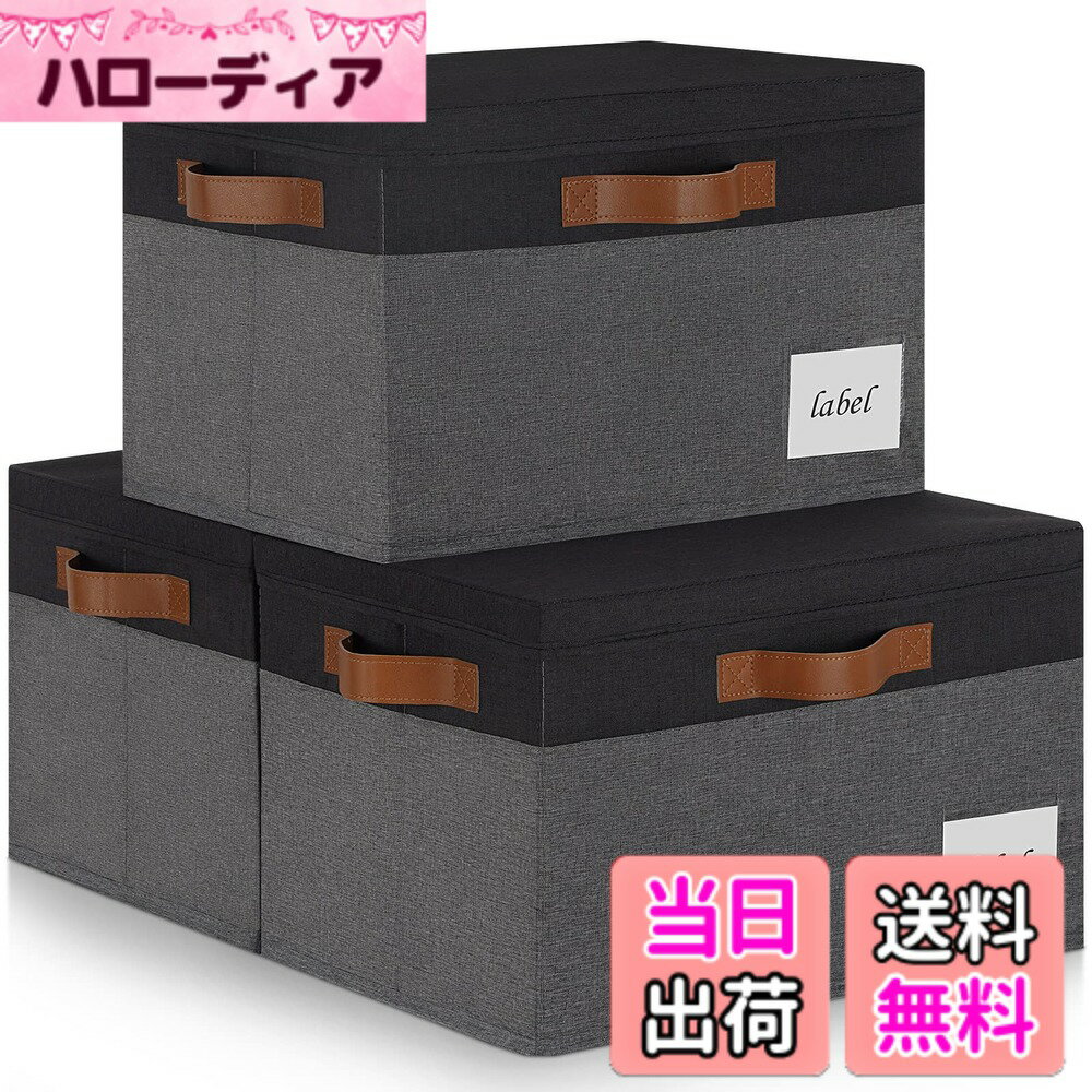 【送料無料】LHZK 収納ボックス 蓋付き 幅40x奥行30x高さ26cm 3点セット 折りたたみ式 収納ケース ハンドル付き 分類用ラベル 丈夫なキャンバス生地 ボックス 整理用 カラーボックス (特大 - グレー, 蓋付き - グレー/ブラック)