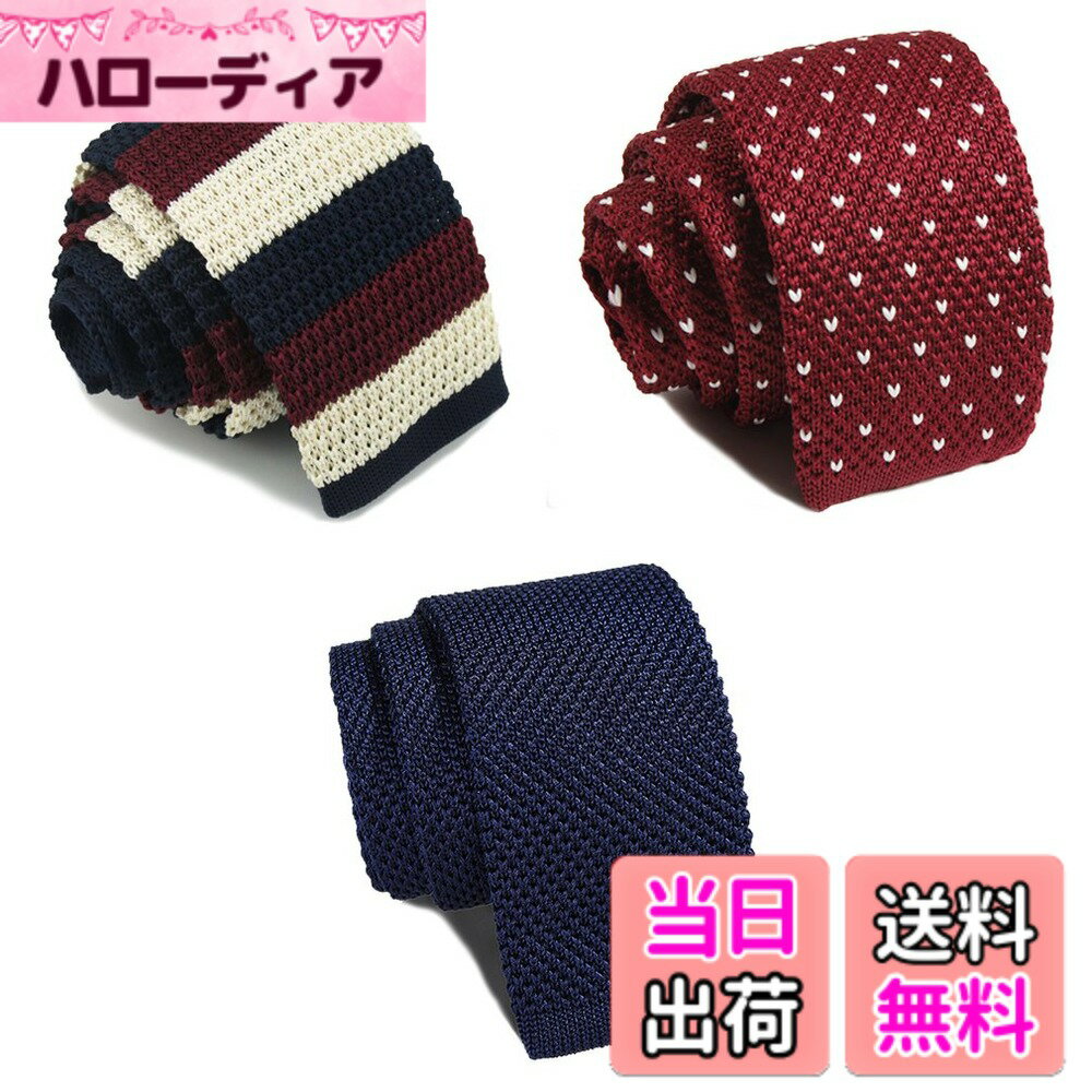 【送料無料】[Dizegn] ニットタイ ニットネクタイ 3本 セット メンズ ボーダー 無地 ドット スーツ ネクタイ おしゃれ ビジネス カジュアル 洗濯可能 (紺/赤 A)
