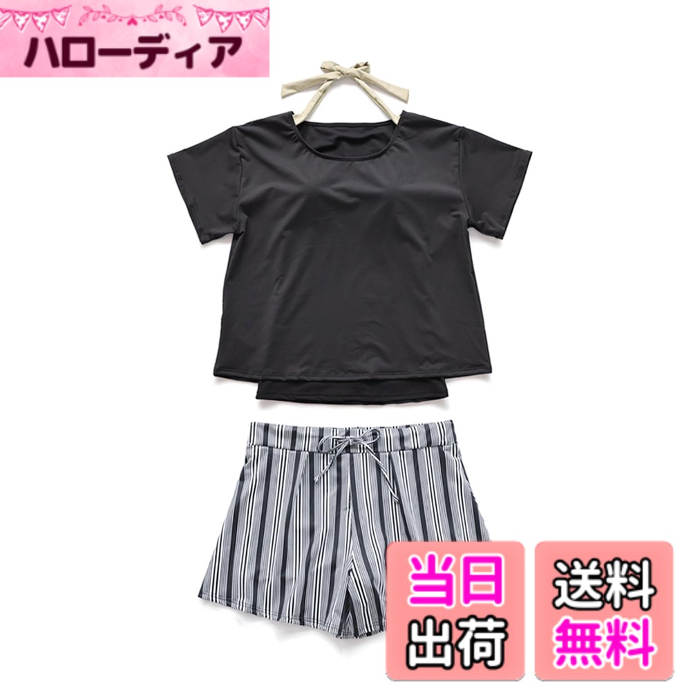 【送料無料】[Ttoitv] 水着 レディース 2点セット 体型カバー UVカットレイヤード風 タンキニ セパレート 半袖ラッシュガード トップス ショートパンツ かわいい ノンワイヤー パッド付き (標準, A.ブラックx縦ボーダー柄, M)