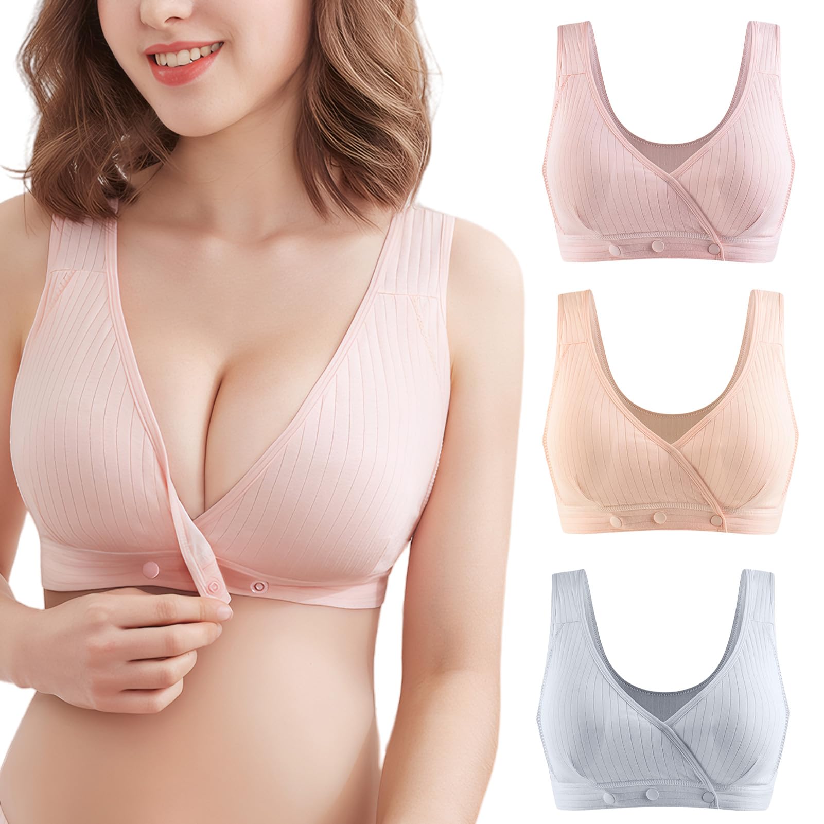 【送料無料】[Maeau] マタニティブラ 3枚セット 前開き 綿 授乳ブラ ナイトブラ ノンワイヤー 無地 柔らか 大きいサイズ ソフトパッド取り外し可能 産前 産後#01 XL