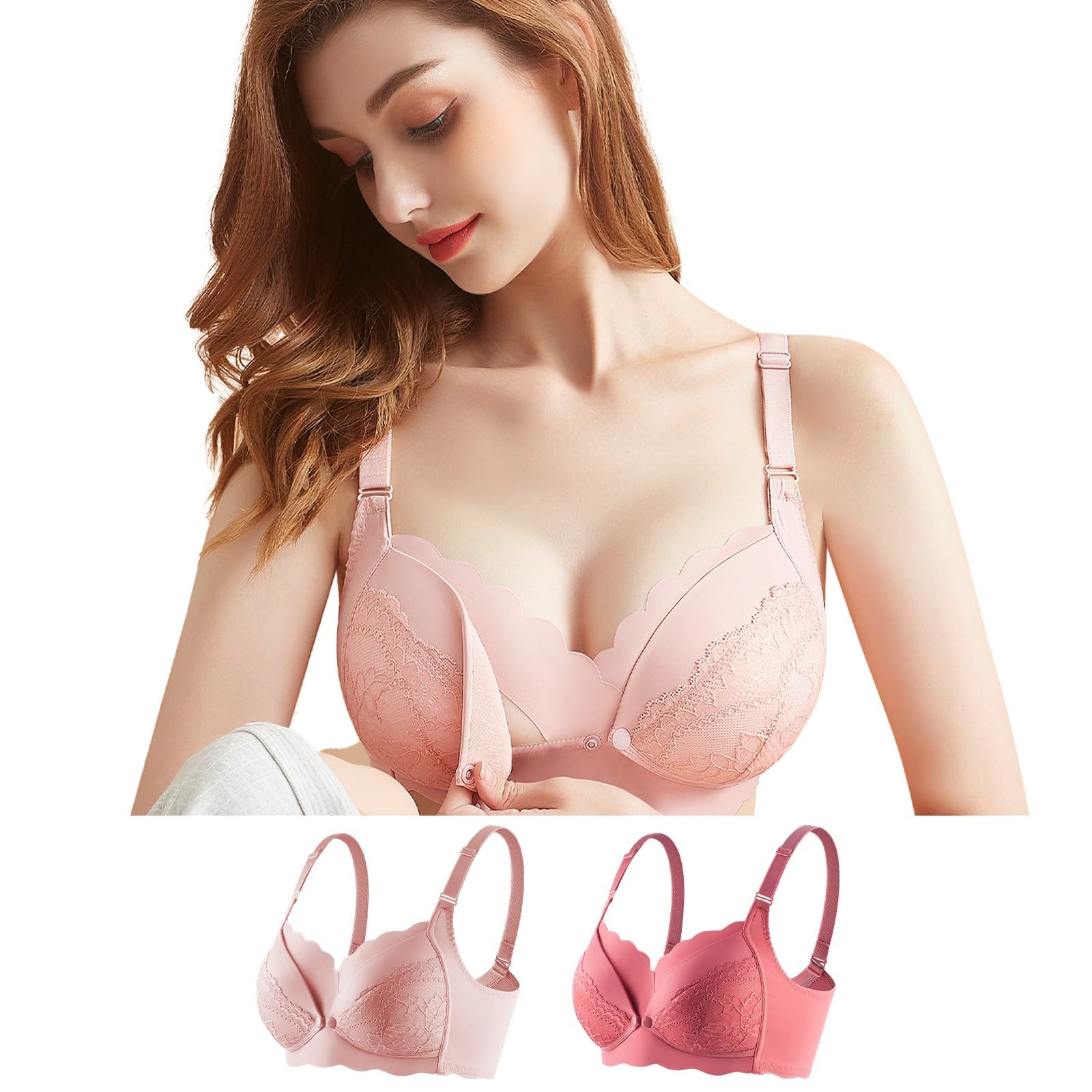 【送料無料】[Kaiyas] 授乳ブラ マタニティブラ 前開きブラジャー ノーワイヤ ナイトブラ 授乳ブラジャー 垂れ防止 脇高設計 前開きブラ フロントオープン 大きいサイズ 綿 通気性 調整可能 着脱簡単 産前産後兼用(90D ピンク+ブラッドオレンジ)