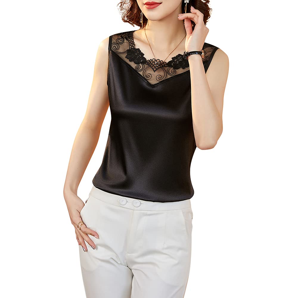 【送料無料】[Phorecys] タンクトップ レディース サテン ノースリーブ ブラウス インナー キャミソール 光沢感 レース 無地 おしゃれ ブラック