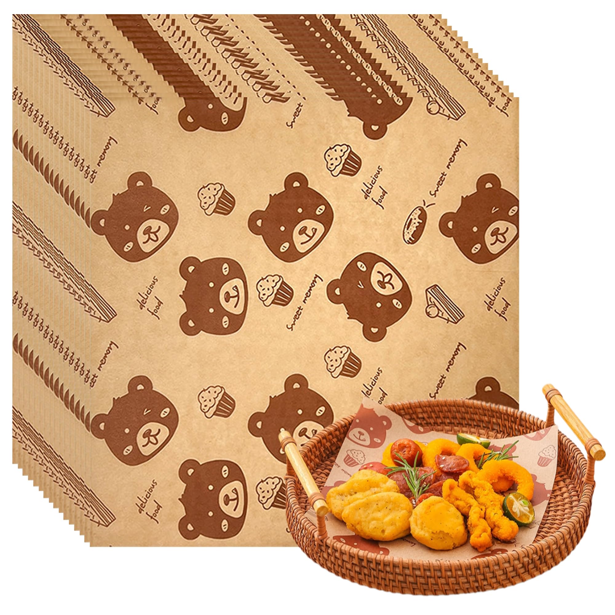 【送料無料】DEVENTORZ ワックスペーパーシート 耐油紙 揚げ物 敷き紙 食品用 バスケットライナー、ピクニックペーパーシート、グリースプルーフデリ包装シート サンドイッチ 包装紙 揚げ鶏 天ぷら敷紙 18*18cm100枚 入り (茶色のクマ)