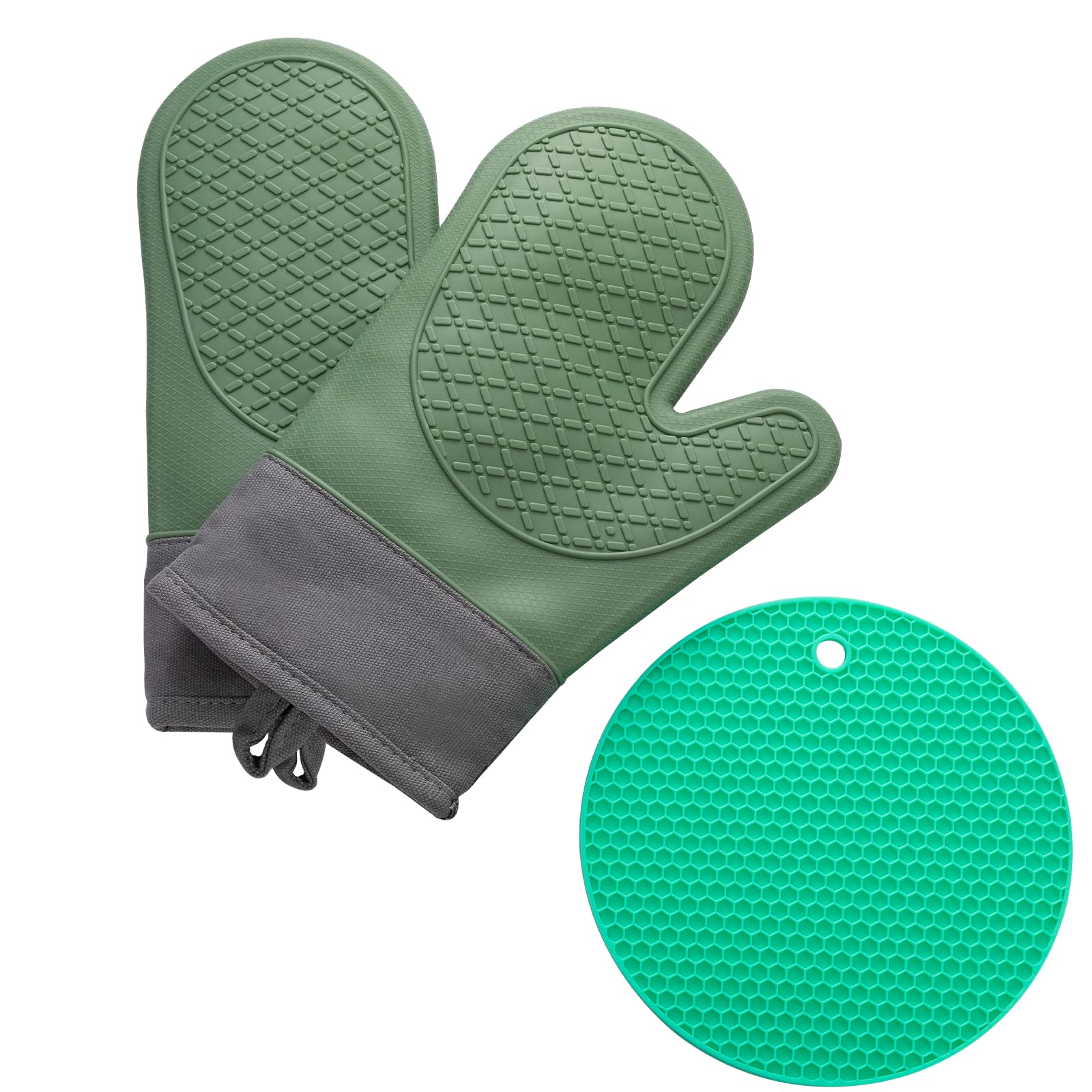 【送料無料】Senteria 耐熱ミトン 鍋つかみ オーブングローブ 300度耐熱 グリーン シリコン製 やけど防止 滑り止め 長持ち おしゃれ キッチン手袋 電子レンジ クッキング用 ケーキを焼く バーベキュー用 鍋料理 両手セット （ミトン+コースター）