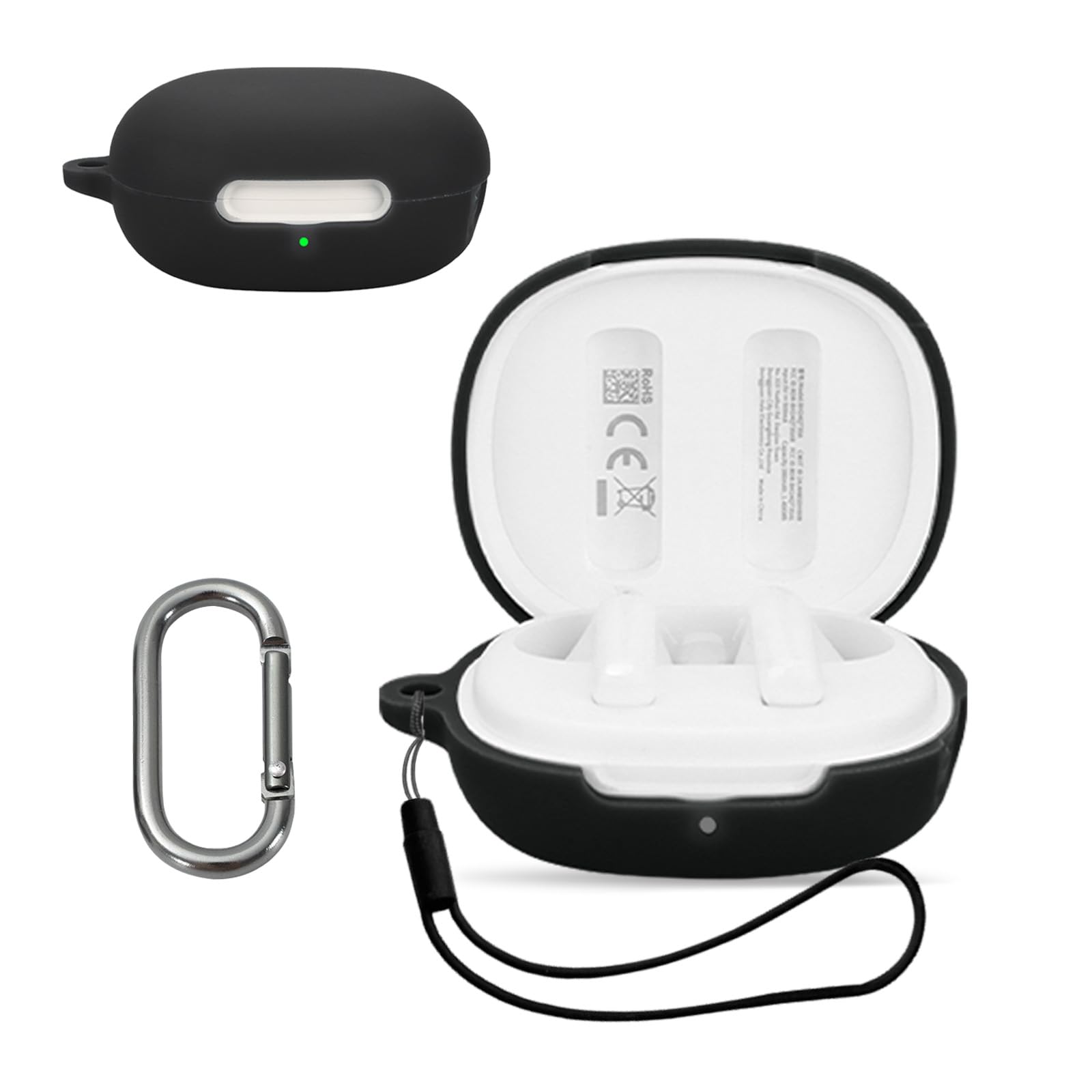 【送料無料】For QCY AilyBuds E10 用 ケース 保護ケース 保護カバー 【KONXISA】ワイヤレスイヤホン ケース シリコン素材 着用しやすい 耐衝撃 防水防塵 ウォッシャブル（カラビナ付き+ストラップ付き ） 装着充電可能 持ち運びがしやすい（ブラック）