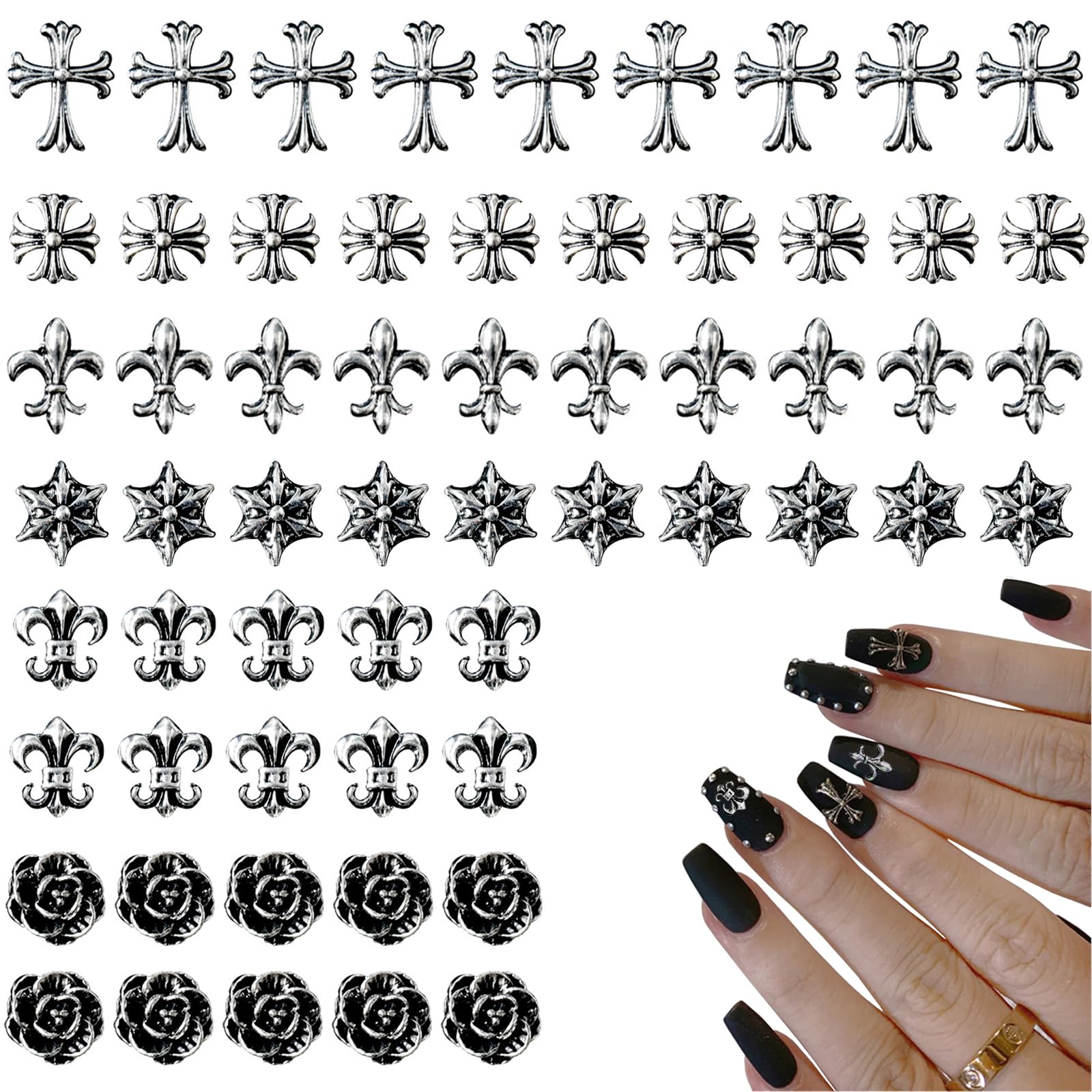 【送料無料】DFsucces パンクネイルアートチャーム 60個セット 3D メタルパーツ ヴィンテージシルバーゴールド ネイルデザイン用品 DIY クラフトアクセサリー
