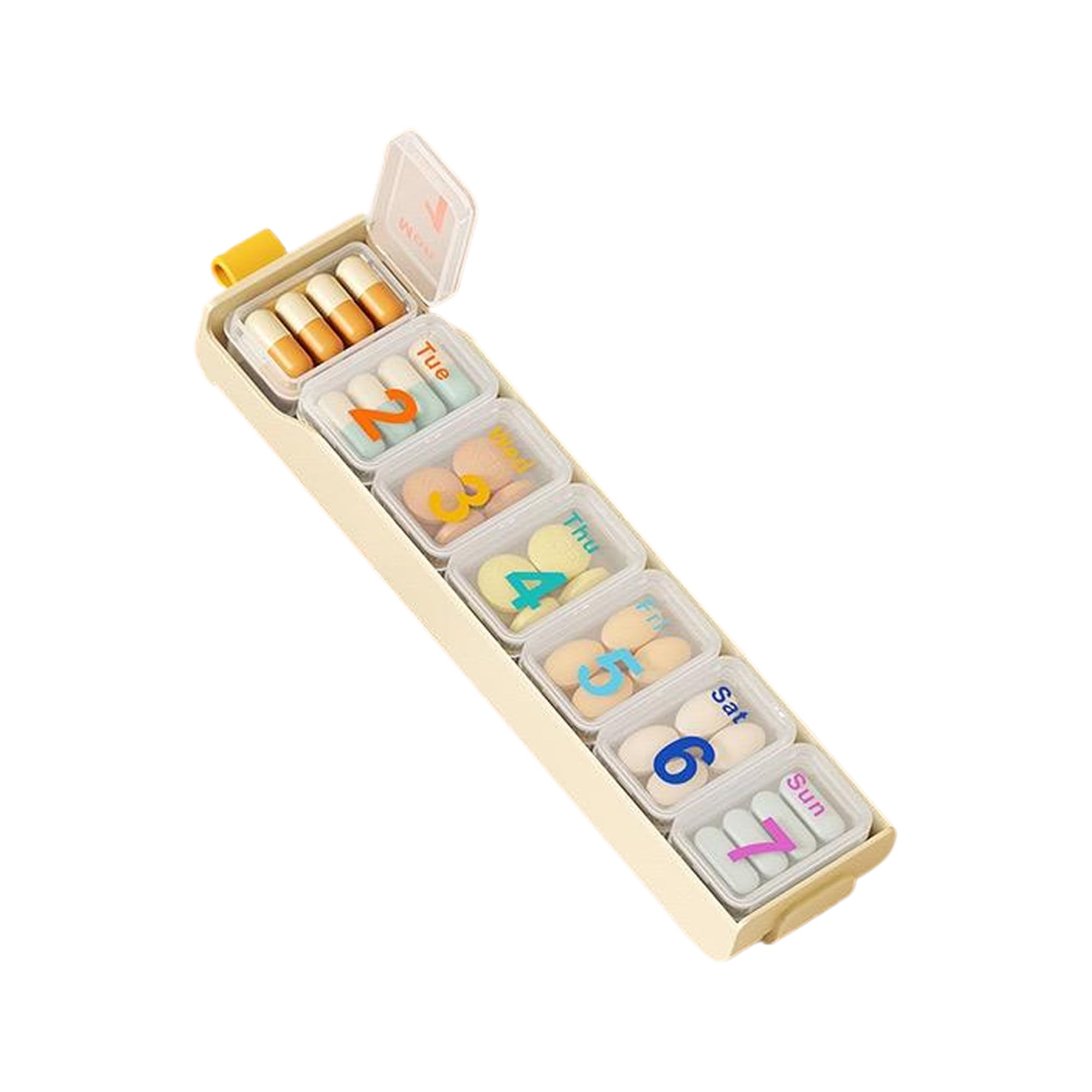 商品情報商品の説明主な仕様 【製品仕様】ピルケース サイズ：20*5.5*3cm。（4色から選べます：ホワイト/グリーン/ブルー/イエロー）【高品質素材】ピルケース 1週間 優れたPP+ABS+PS素材を使用しており、安全で環境に優しく、臭いがなく、長持ちします。【使いやすい】薬入れ 必要な薬を入れて持ち運ぶことができます。1週間分の薬量を区画分けして入れられ、非常に使いやすいです。【持ち運びやすい】薬ケースは小型で、バッグのスペースを取りません。持ち運びが簡単です。【週間薬ケース】薬ケースには7つの区画があり、1週間分の薬量を持ち運ぶことができます。日常的な使用や出張、旅行でも非常に便利で、薬を忘れる心配がありません。