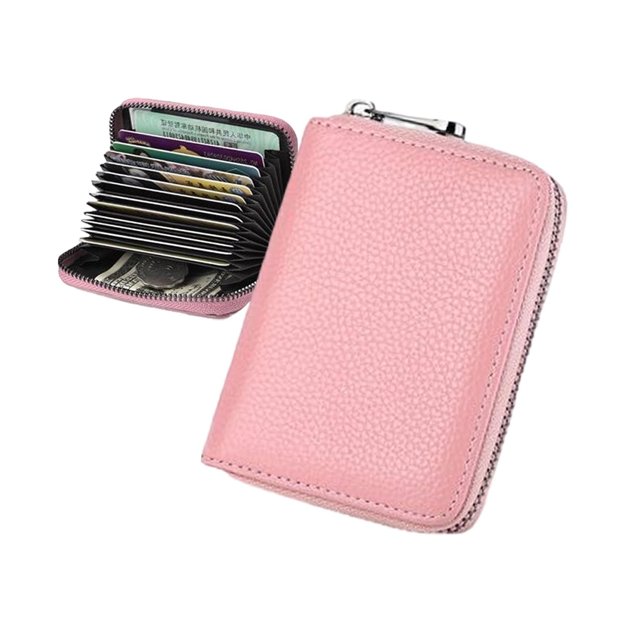 【送料無料】[DEVENTORZ] クレジットカードケース カード入れ 大容量 スキミング防止 RFIDブロック 本革 レザー メンズ レディース じゃばら仕様 定期入れ コインケース対応 最大20枚収納(ピンク)