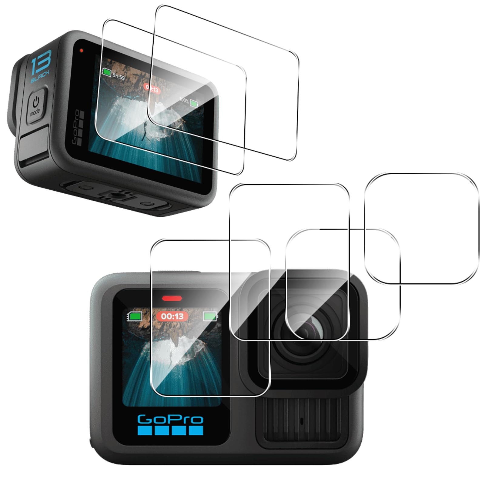 【送料無料】【2+2+2枚セット】対応 Gopro Hero 13 ガラスフィルム(メイン画面用2枚+サブ画面用2枚)+レンズフィルム(LED保護フィルム2枚) 強化ガラス 日本旭硝子製 Greerass 硬度9H 超高透過率 傷つけ防止 疎水疎油 指紋汚れ防止 HDビジョン 全面保護 耐衝撃 飛散防止
