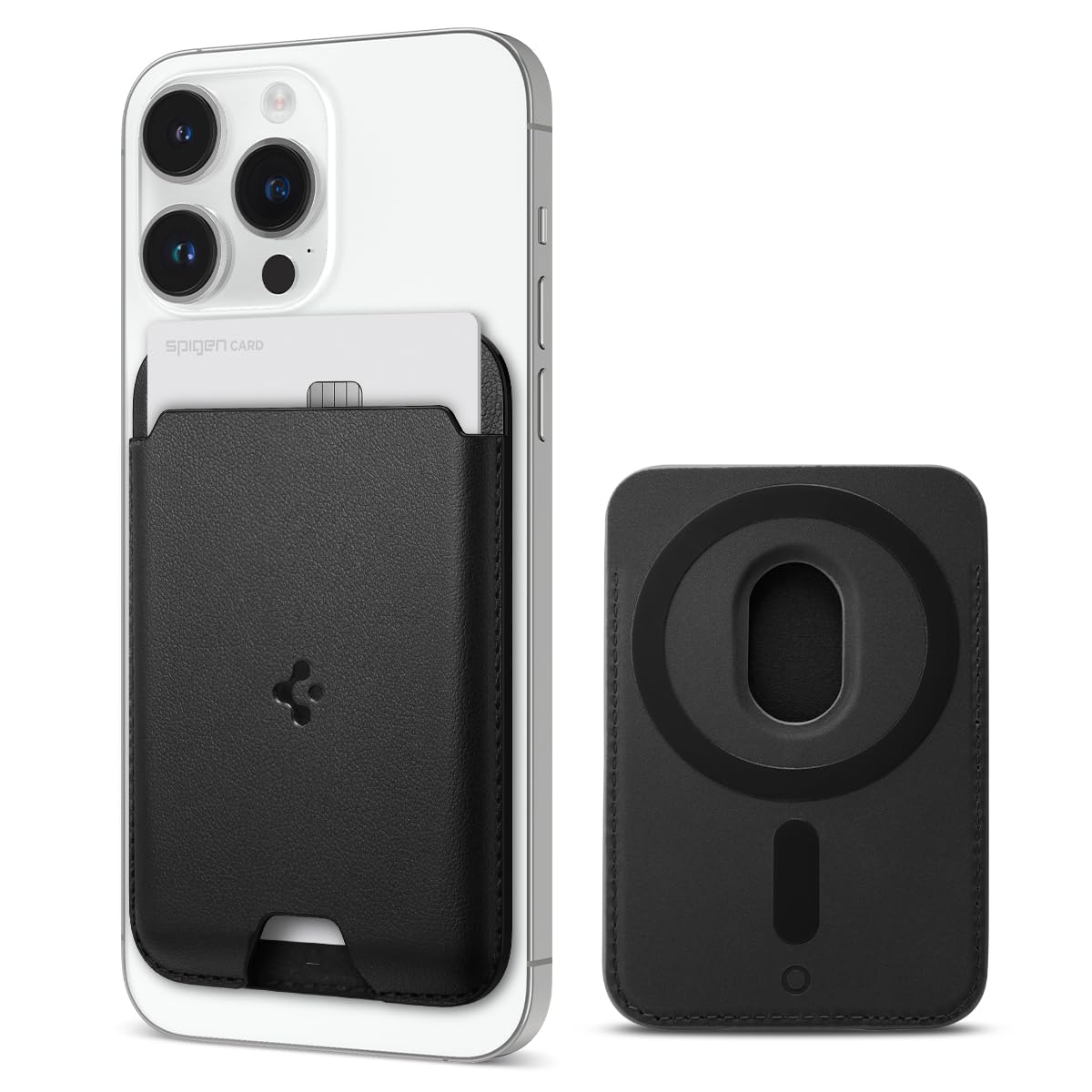 【送料無料】Spigen MagSafe対応 カードケース マグネット内蔵 高級レザー 磁気シールド スリム 背面 ウォレット iPhone 14/13/12 対応 スマホ マグネット付着 交通系 ICカード バレンティヌス マグフィット AMP02284 (ブラック)