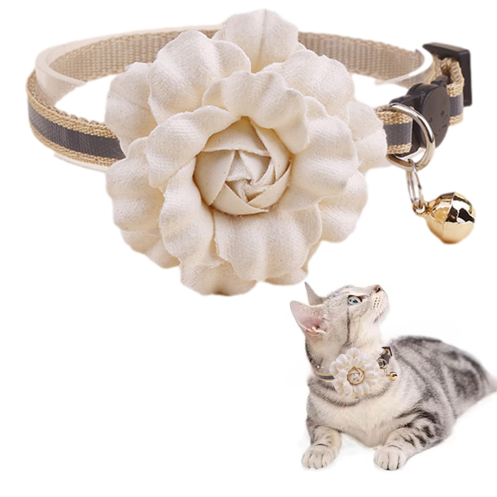【送料無料】NOELAMOUR 猫 首輪 鈴付き おしゃれ 可愛い フラワーチャーム 軽い ペット ネコ 撮影 猫用首輪 調節可能 (ホワイト)
