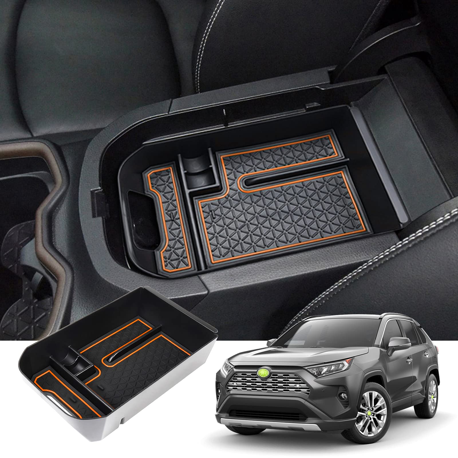 【送料無料】HUAHAO 新型 トヨタ RAV4 50系 専用 センター コンソールボックス rav4 センターコンソールトレイ 小物収納 内装パーツ ラブフォー アクセサリー 隙間収納 車用収納ボックス 充電USB穴あり ビビリ音なし (オレンジ)