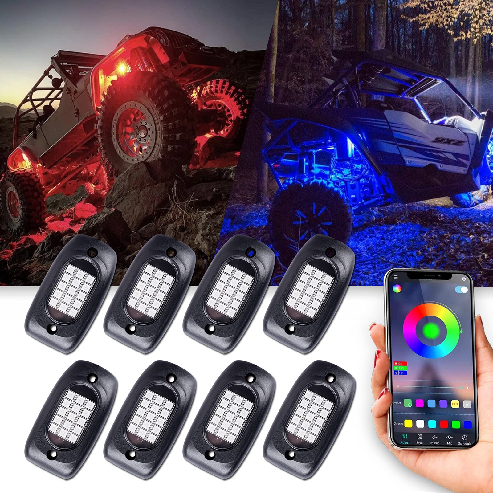 【送料無料】MOREFULLS LED アンダーライト 車 RGB ロックライト ライトキット 8個セット 車用 音楽同期 ブレーキライト 多色 アプリ Bluetoothコントロール リモコン付き ボタンスイッチ付き 多機能 車外装飾 車のシャーシ装飾用 防水 おしゃれ 音楽モード