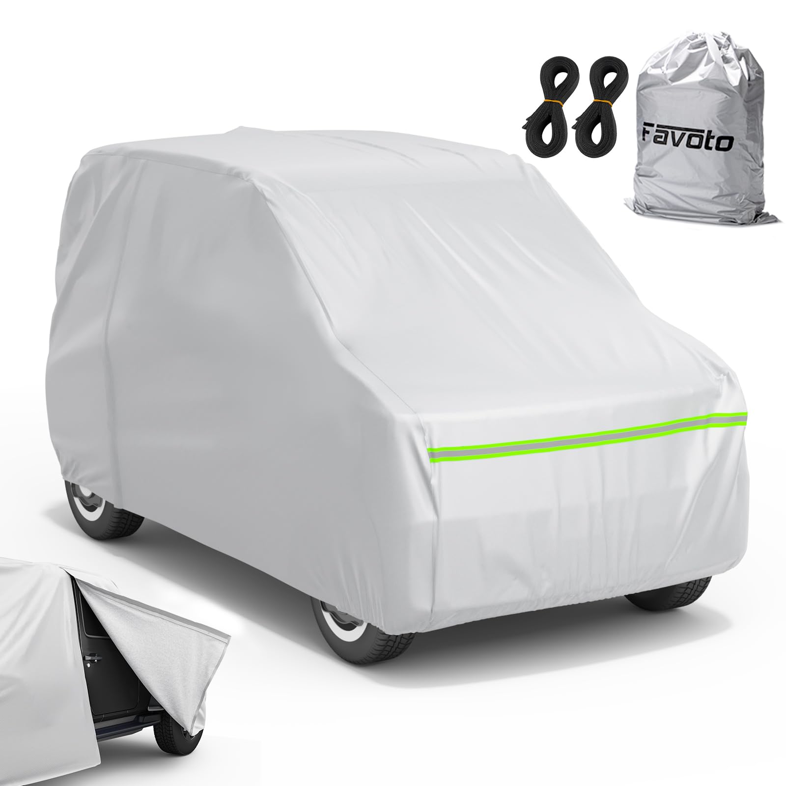 商品情報商品の説明Favoto 車カバー 裏起毛 5層構造ボディーカバー 車体カバー 自動車カバー 車カバー サイドのジッパー 紫外線対策 防水 防炎 防塵 防輻射 雪対策 強風対策 黄砂対策 防風ロープ付き 収納袋付き 汎用サイズ (軽自動車：360 x 175 x 160 cm)主な仕様 【柔らかい内側層＆5層構造防水】【運転席側にファスナー付き】【防強風ストラップ2本無料付き】【簡単ワンタッチ装着】【全長330cm-360cmの軽自動車に適用】【キズつかない保護】肌ざわりの良いソフトな内側生地が、塗装面との接触による微細なキズを徹底防止。愛車の美しさを末長く保ちます。【全天候型 5層プロテクション】5層構造の高密度生地が、雨や雪を完全にシャットアウト。さらに、99.8%の紫外線を遮断し、色あせや劣化から車体を360度ガードします。【便利なサイドファスナー】運転席ドア部分にジッパー付き。カバーを被せたままでも、忘れ物の取り出しがスムーズ。面倒な全体の脱ぎ着はもう必要ありません。【台風も安心の強風対策】ホイールループに加え、無料の専用防風ストラップ2本(4.5m)付き。フロントとリアに固定するだけで、強風時でもカバーがずれたり飛ばされたりする心配がありません。【簡単ワンタッチ装着】前後バンパー部分に伸縮性を採用。一人でもらくらくフィットし、毎日の使用が面倒ではありません。【ご確認ください】本品は全長330cm-360cmの軽自動車専用です。ご注文前に、お車のサイズをご確認ください。【何かお困りですか？】ご使用中にご不明な点がございましたら、商品ページからお気軽に出品者までメッセージをお送りください。24時間うちに迅速に対応いたします。