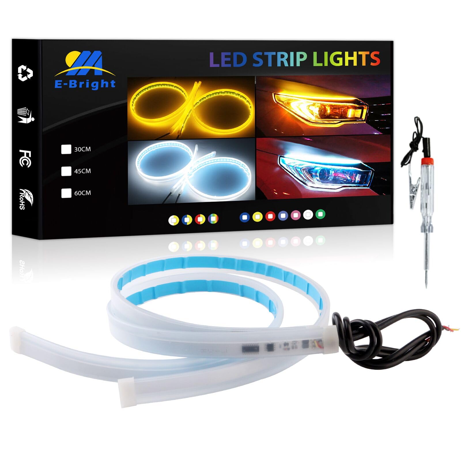 【送料無料】シーケンシャル流れる ウインカー 車用LEDテープライト ディライト デイタイムライト 極薄 ホワイト/アンバー 2色 切替 切断可能 12V 防水 取り付け簡単 粒がみえない 60cm 2本セット