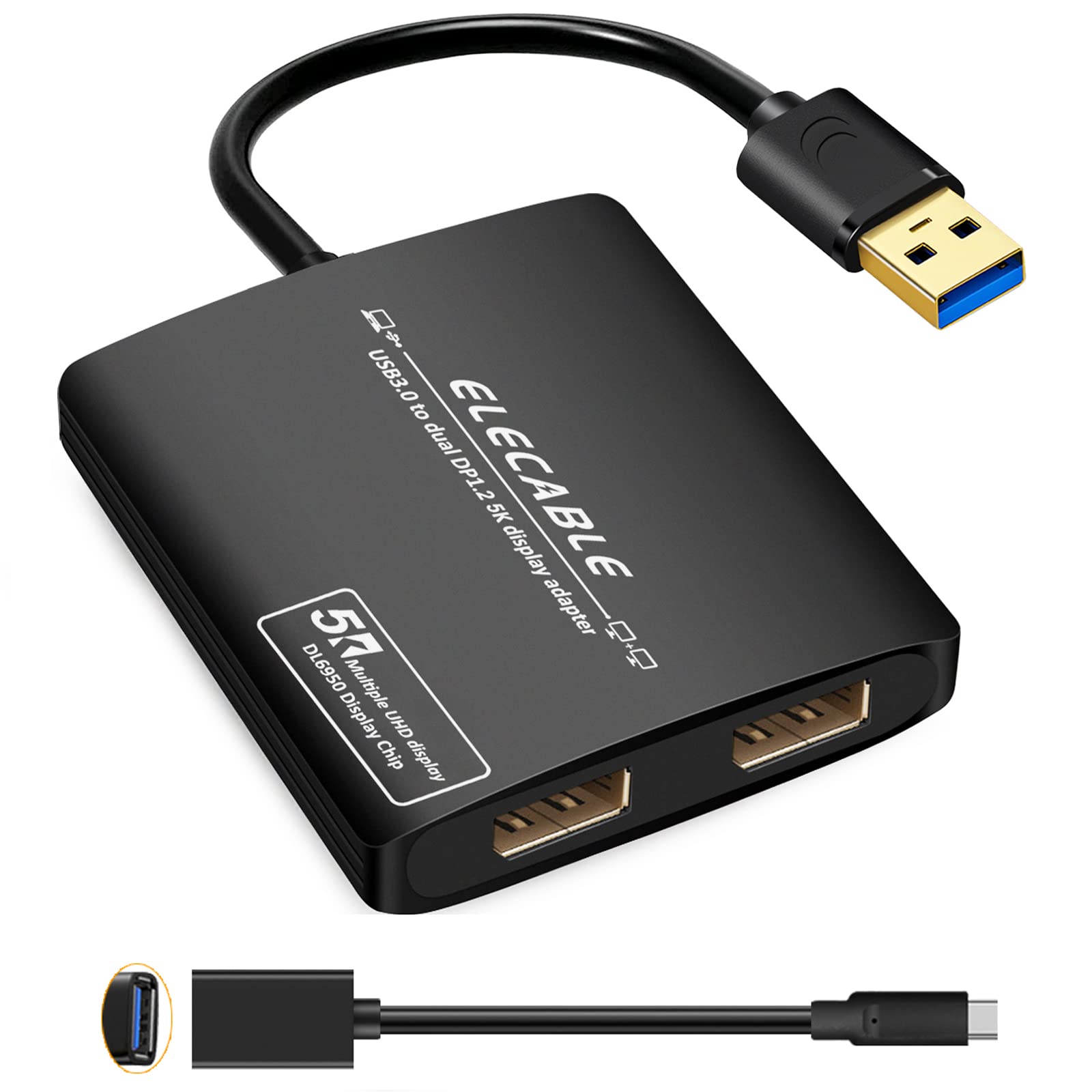 ELECABLE USB 3.0 - デュアルディスプレイポートアダプター - 5K+5K@60Hz Ultra HD - 内蔵DisplayLink DL6950チップ - 画面を複数のモニターTVに拡張 Windows、Mac OS、Android、Chrome OS、Ubuntu(DP+DP)に対応