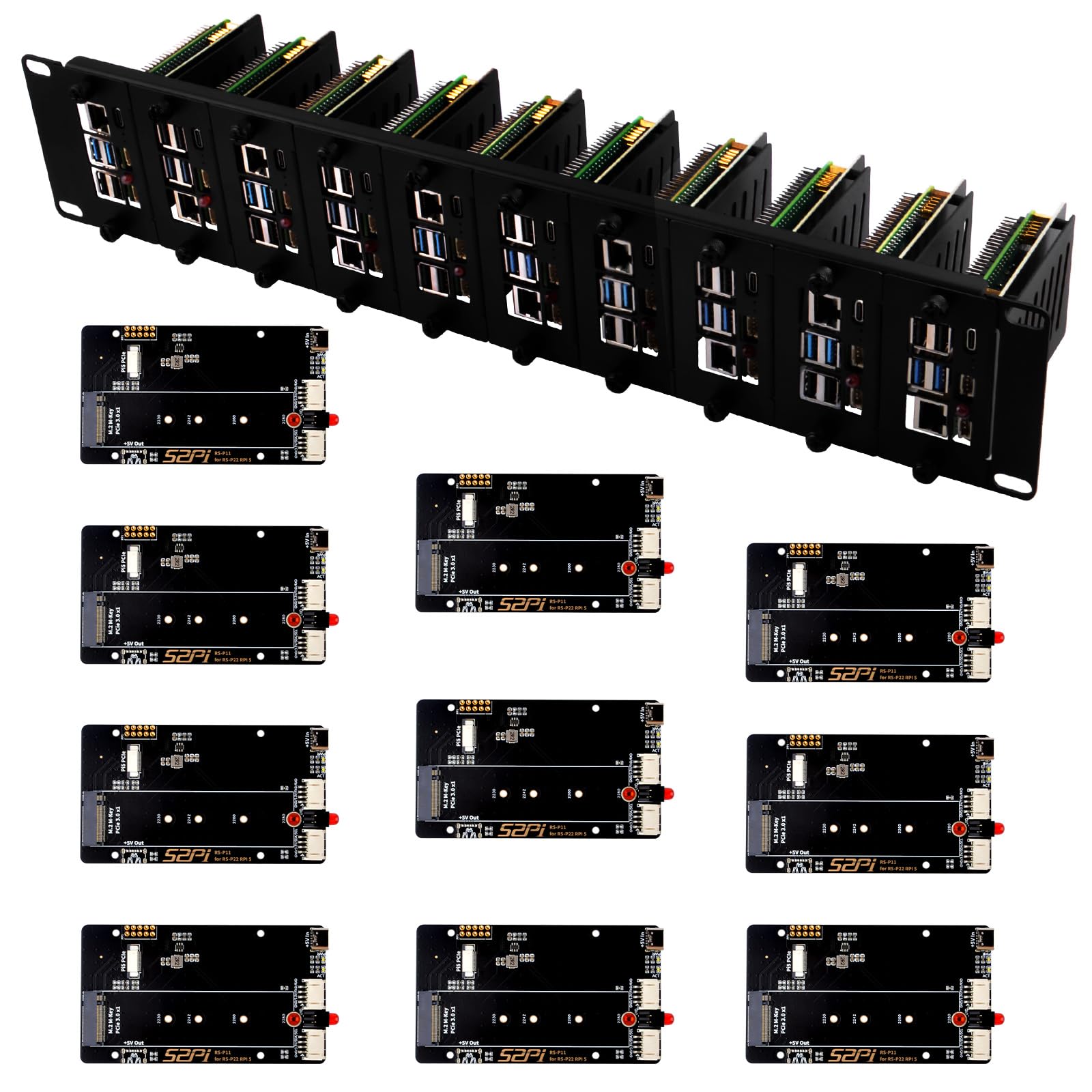 【送料無料】GeeekPi 19インチ 2U ラックマウント Raspberry Pi 5用 PCIe to M.2 NVMe SSDアダプター10個付き 19インチのサーバーラックに対応