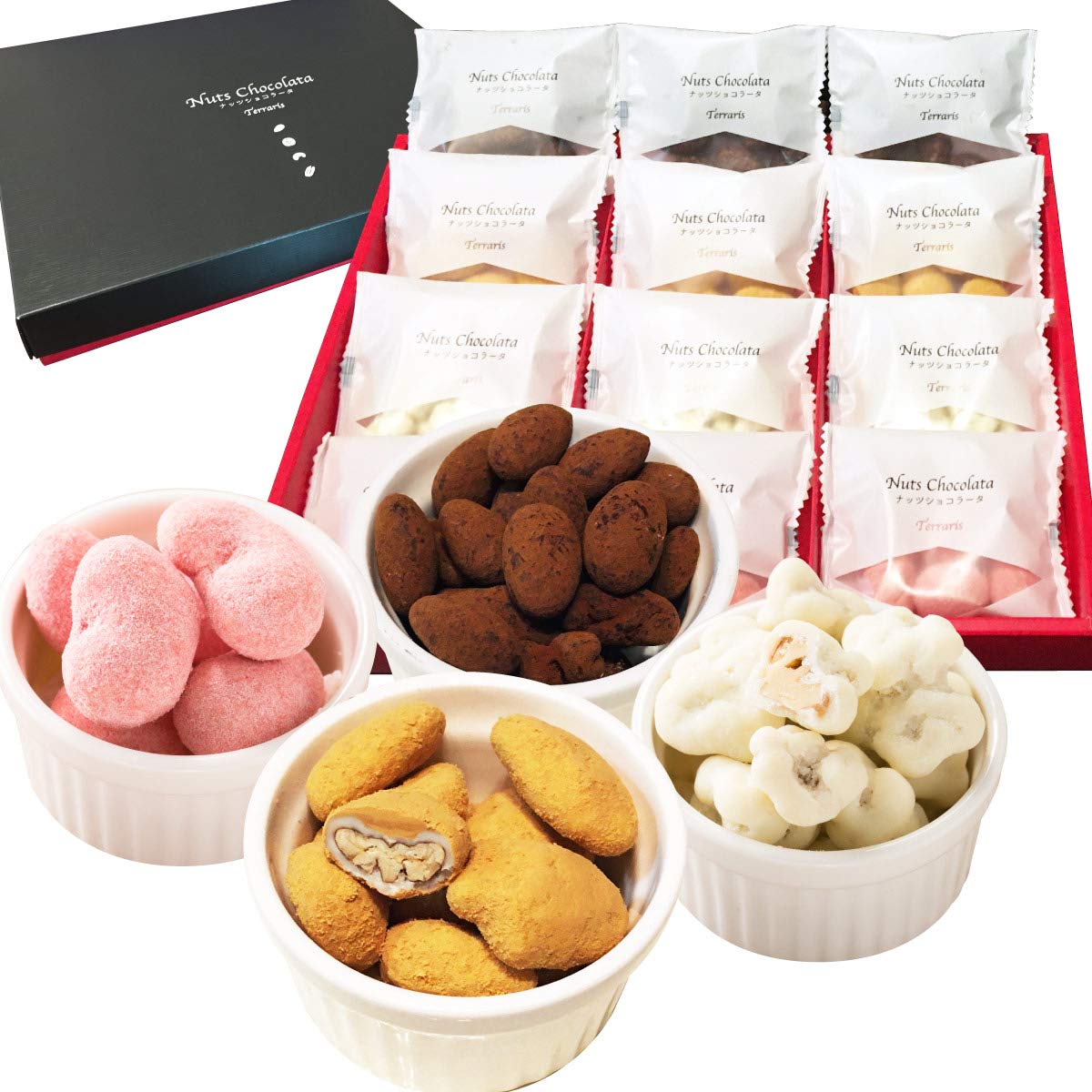 【送料無料】お菓子 チョコ ギフト 贅沢ナッツショコラータ4種x3袋(12袋)詰め合わせ チョコレート プレゼント 人気 お返し 小分け アーモンドココア ピーカンナッツキャラメル カシューナッツ 苺 くるみ ホワイト 岩塩 スイーツ 贈り物 ナッツチョコ 高級 個包装の商品画像