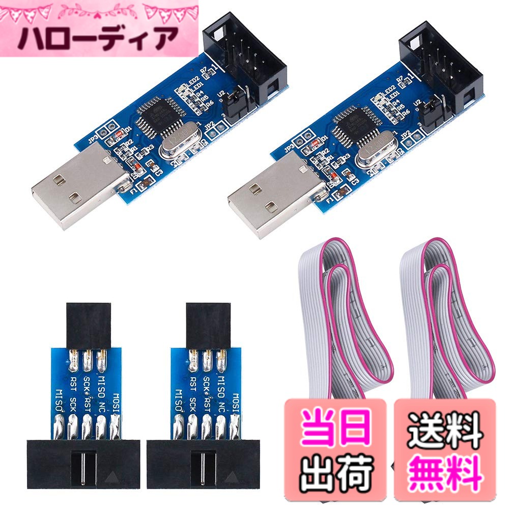 【送料無料】KeeYees USB AVRプログラマ USBasp AVRライタ 51 52 AVRシリーズ 専用ダウンロード用ケーブル付属 10ピン-6ピンISPアダプタ付属 2セット入り